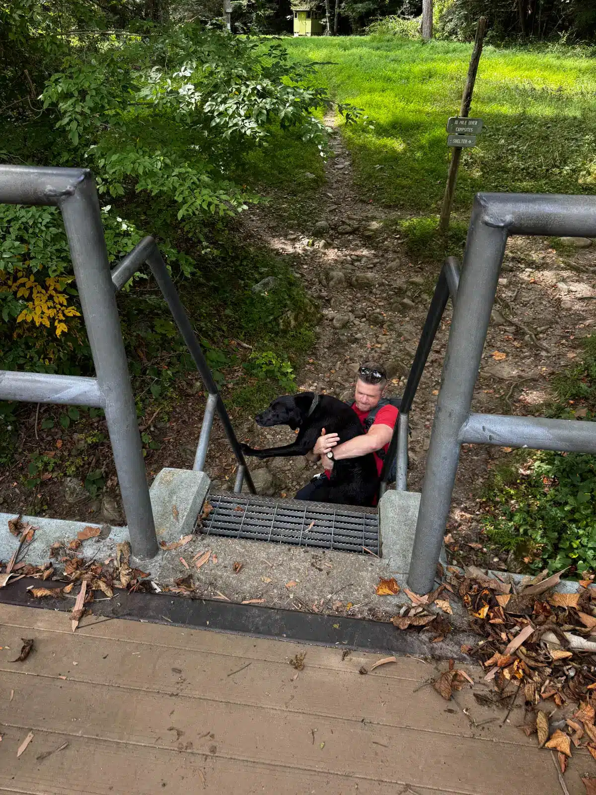 man in red t-shirt lifting black dog up a few steps at a bridge on the appalachian trail.