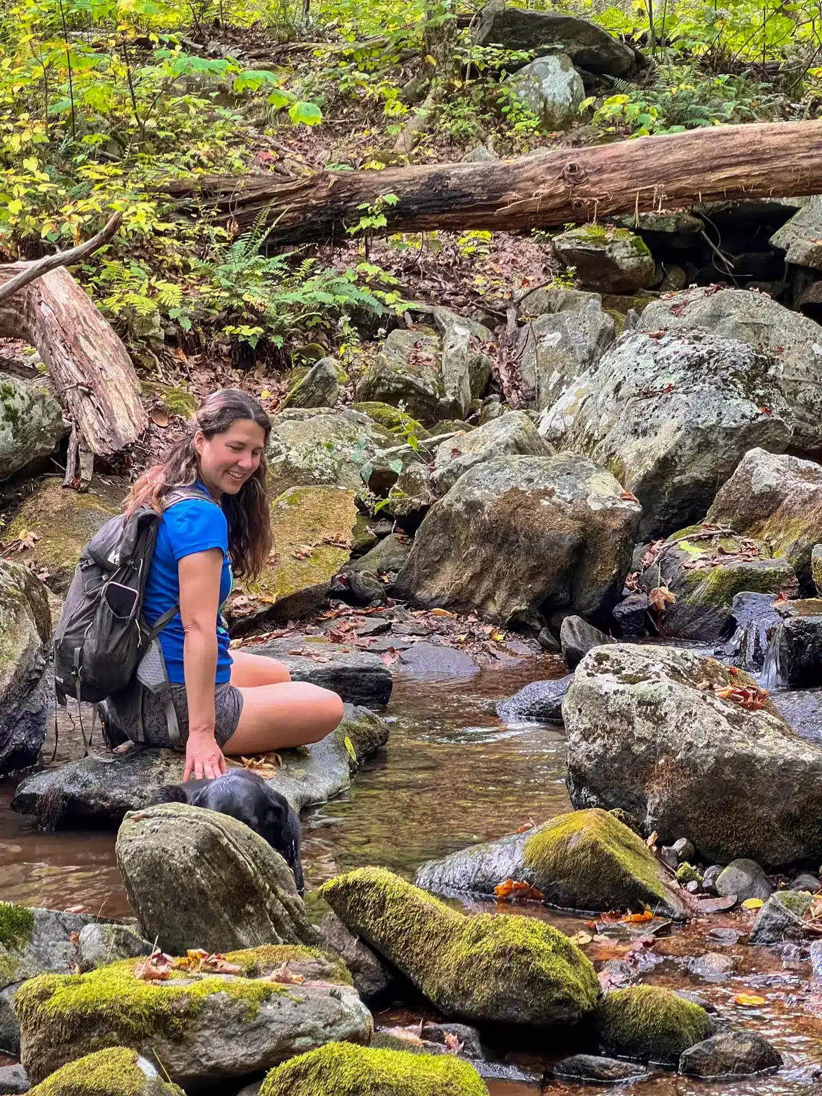 woman in blue t-shirt smiling and sitting on rock in small stream.