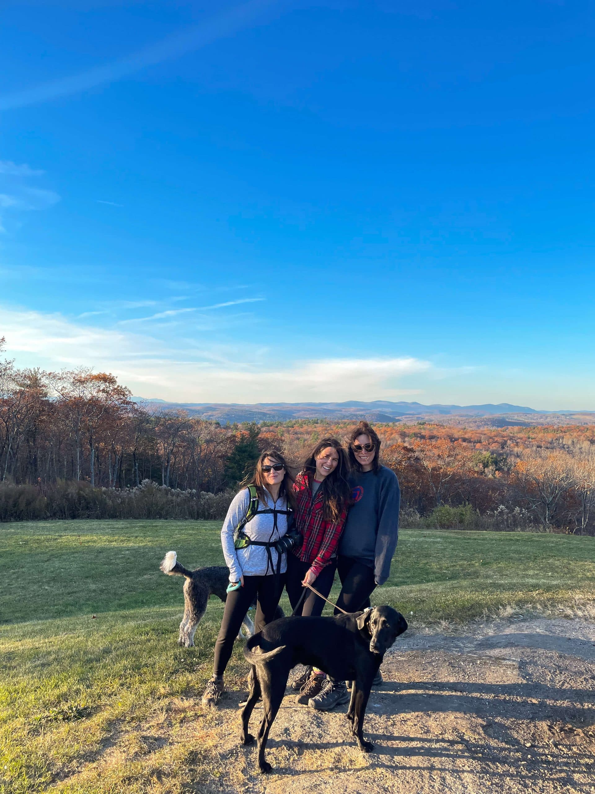 friends hiking at mohawk mountain in connecticut on a sunny blue sky day
