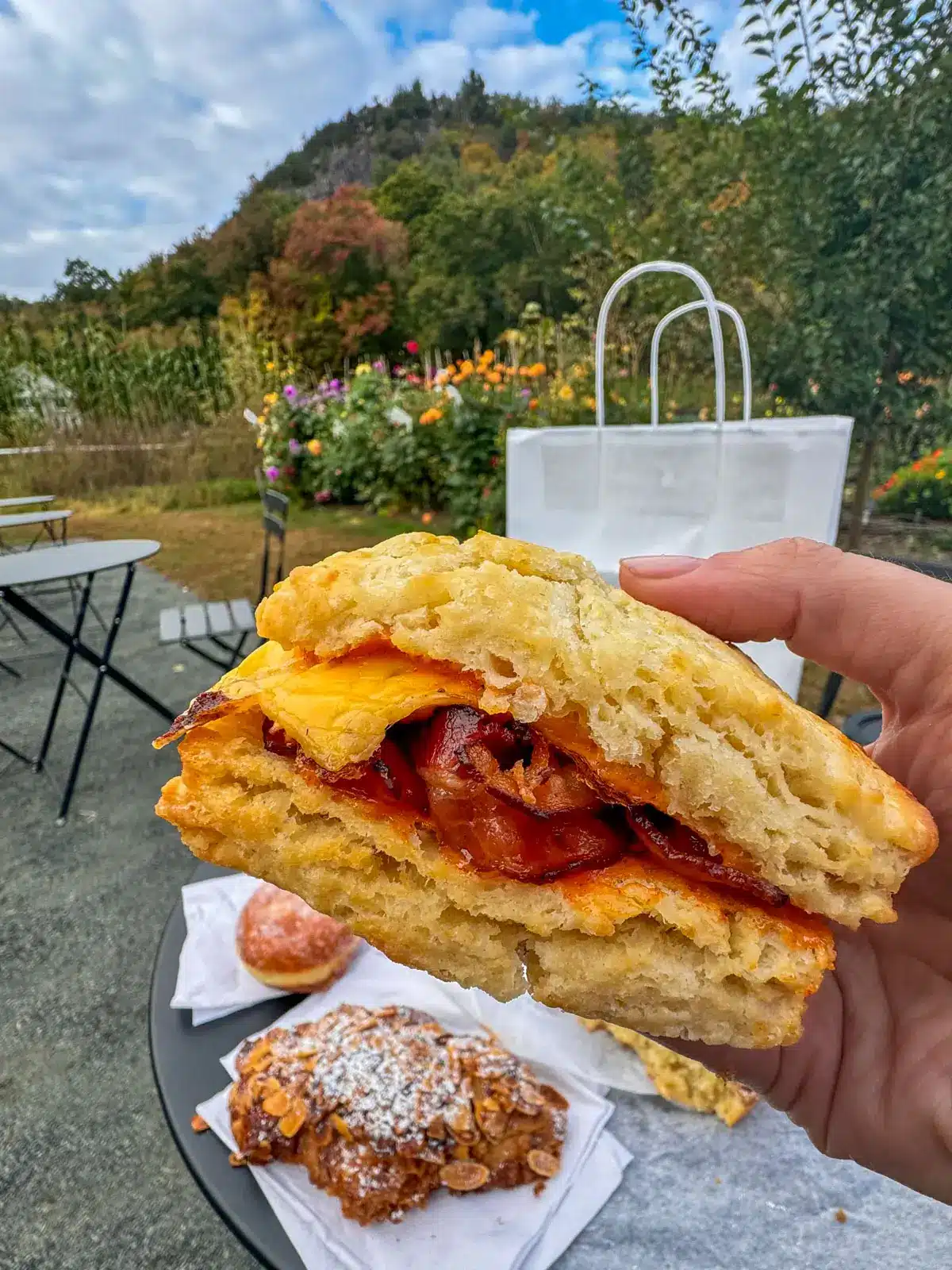 biscuit egg and cheese sandwich at juliens farmstore in granby.