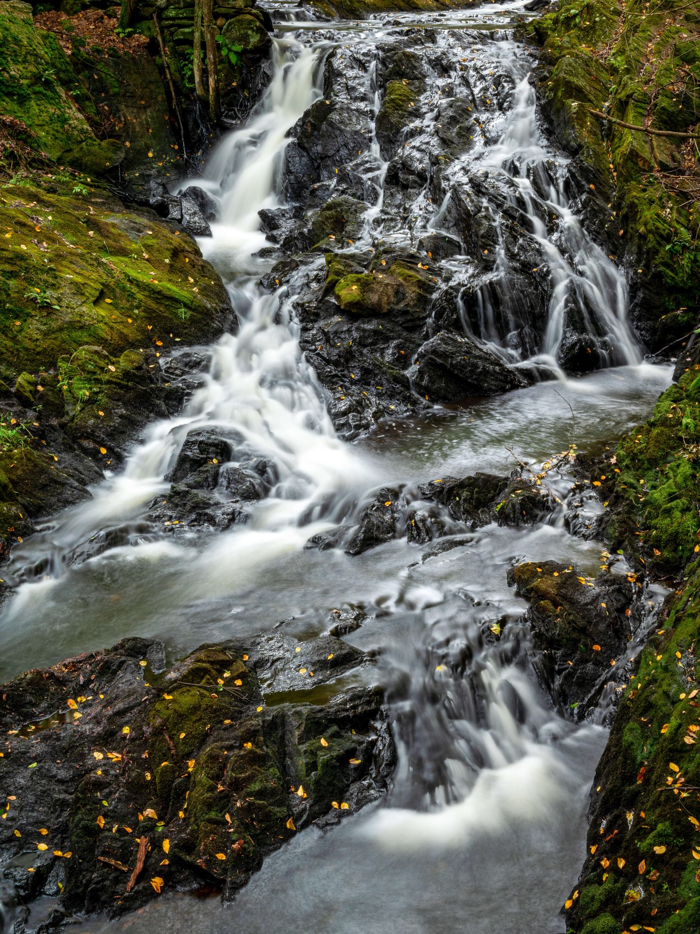 a secret and secluded waterfall in connecticut in summer surrounded by green moss