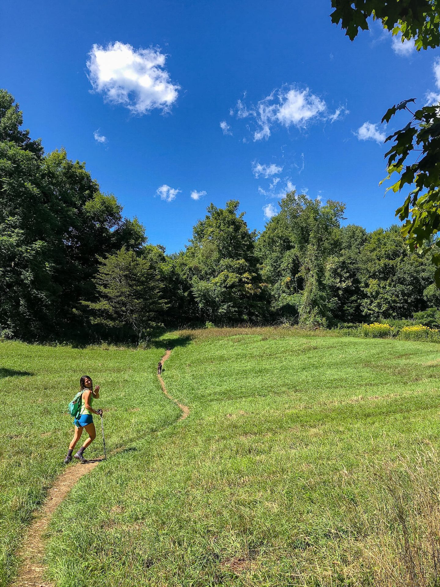 woman turning around smiling at camera in shorts and tank top in summer hiking up appalachian trail in connecticut in summer