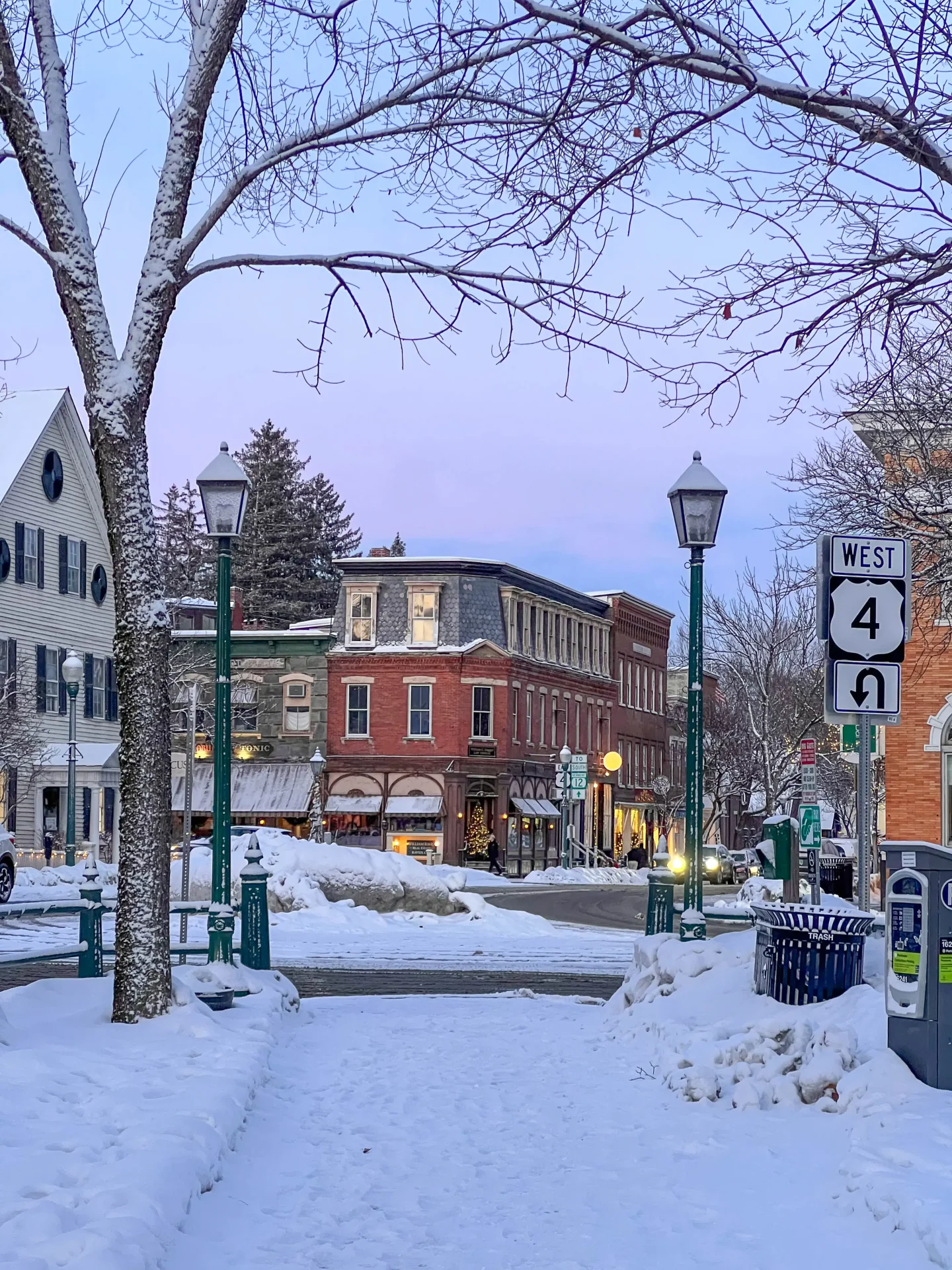 little town of woodstock vermont in winter covered in snow