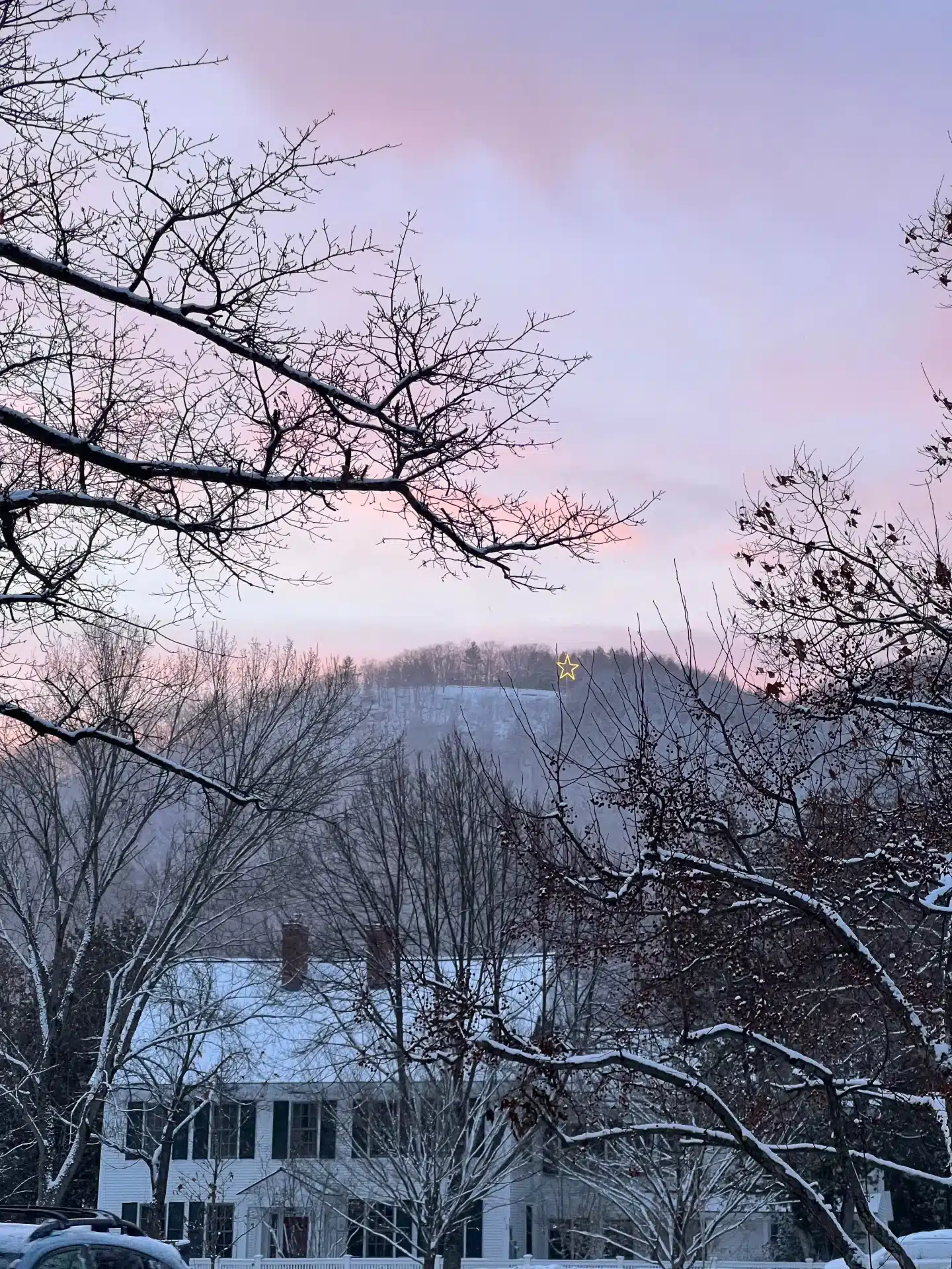 snowy sunset in woodstock vermont