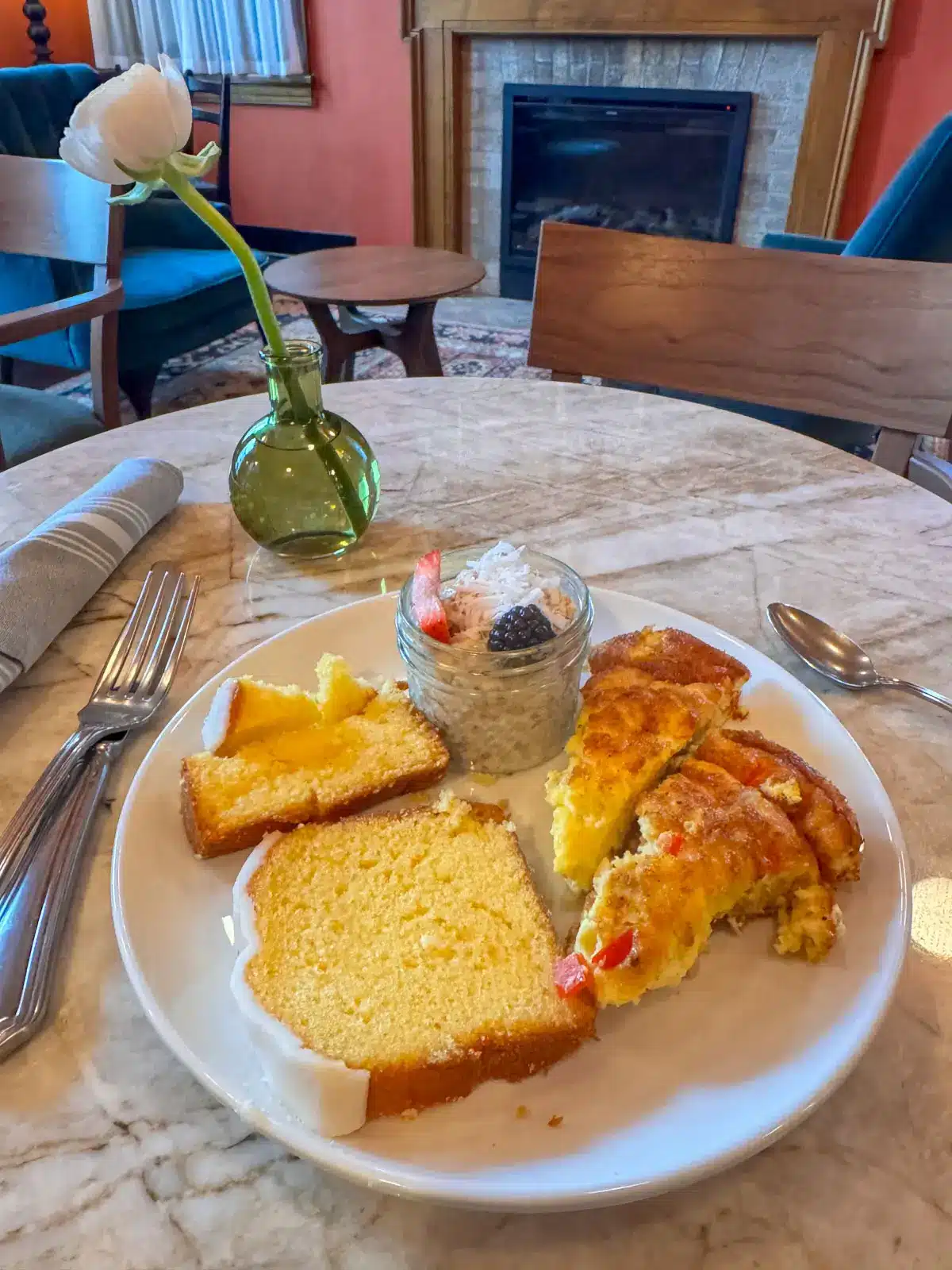 brunch of pound cake and quiche at The Abner Hotel in downtown Litchfield, CT.