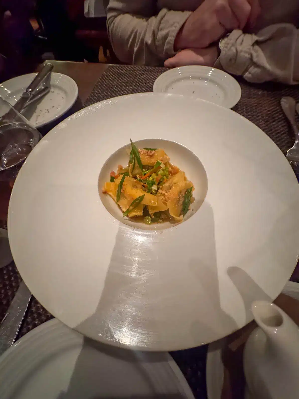 large circular white plate with noodles in center.