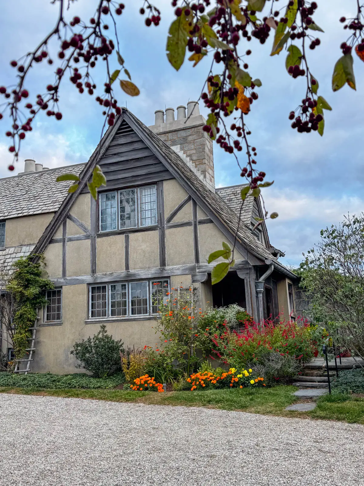outside of historic tudor style home at topsmead state forest in litchfield connecticut.