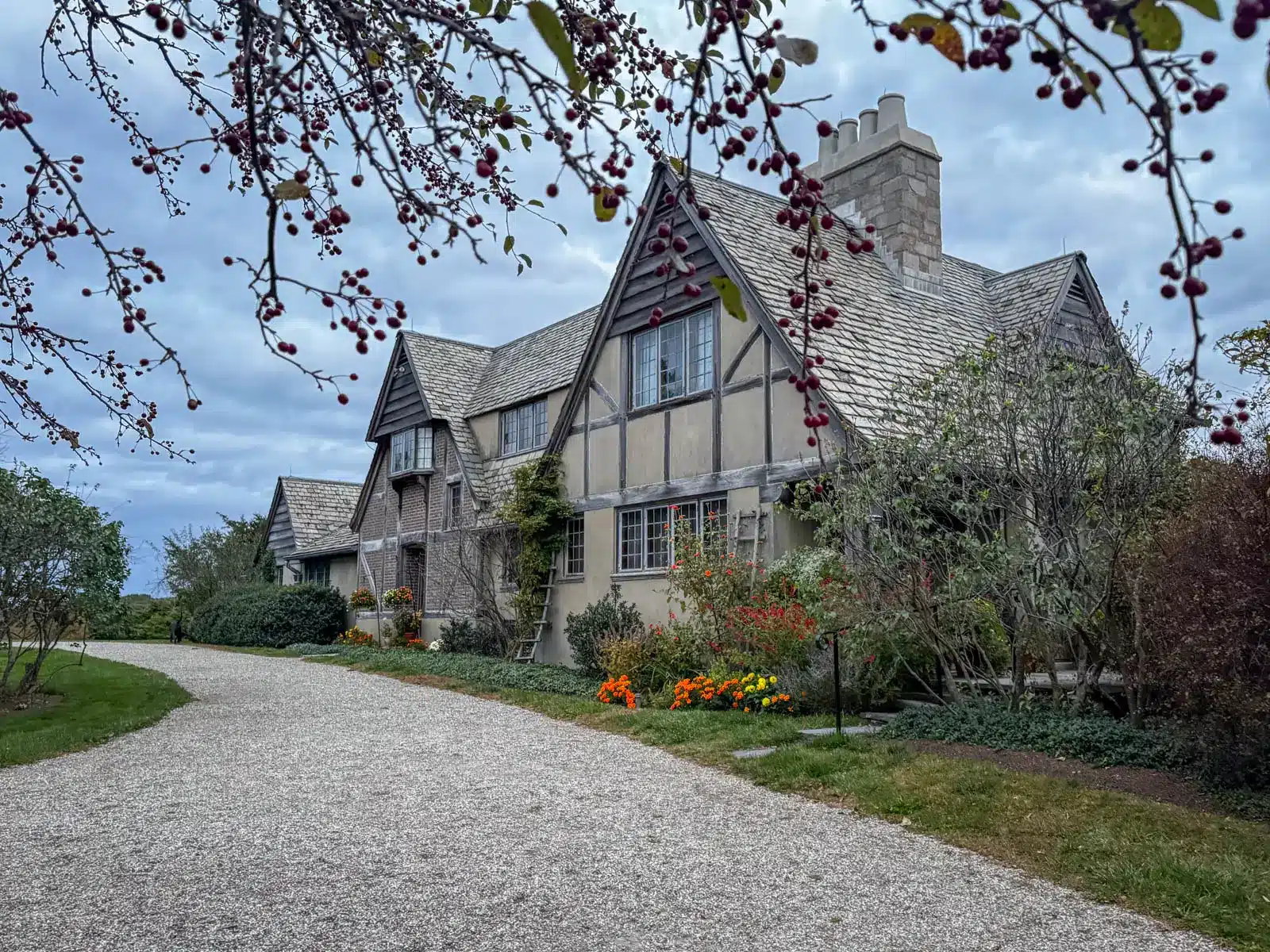 outside of historic tudor style home at topsmead state forest in litchfield connecticut.