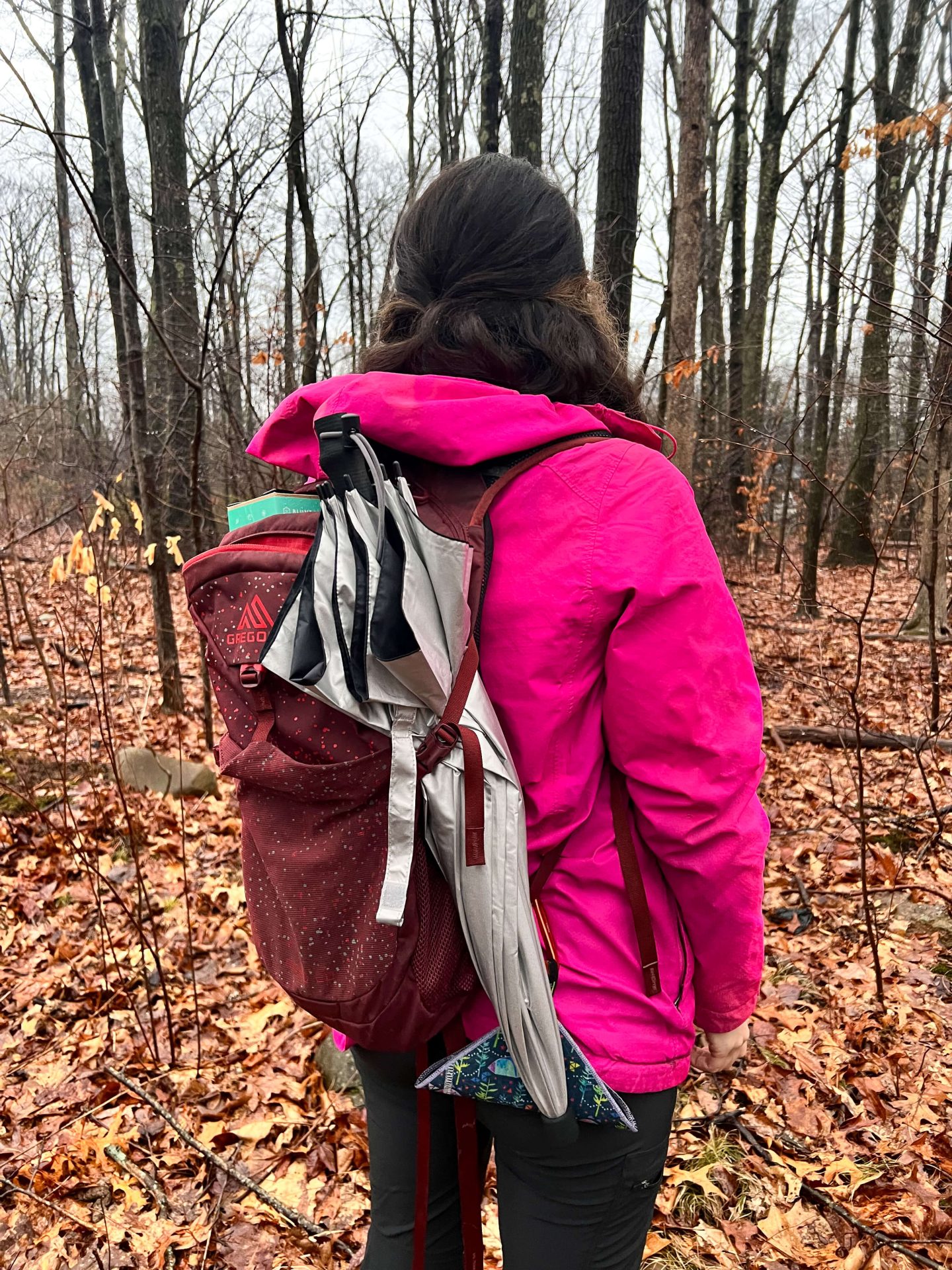 woman hiking on trail with umbrella tucked into backpack on rainy day and pink rain jacket