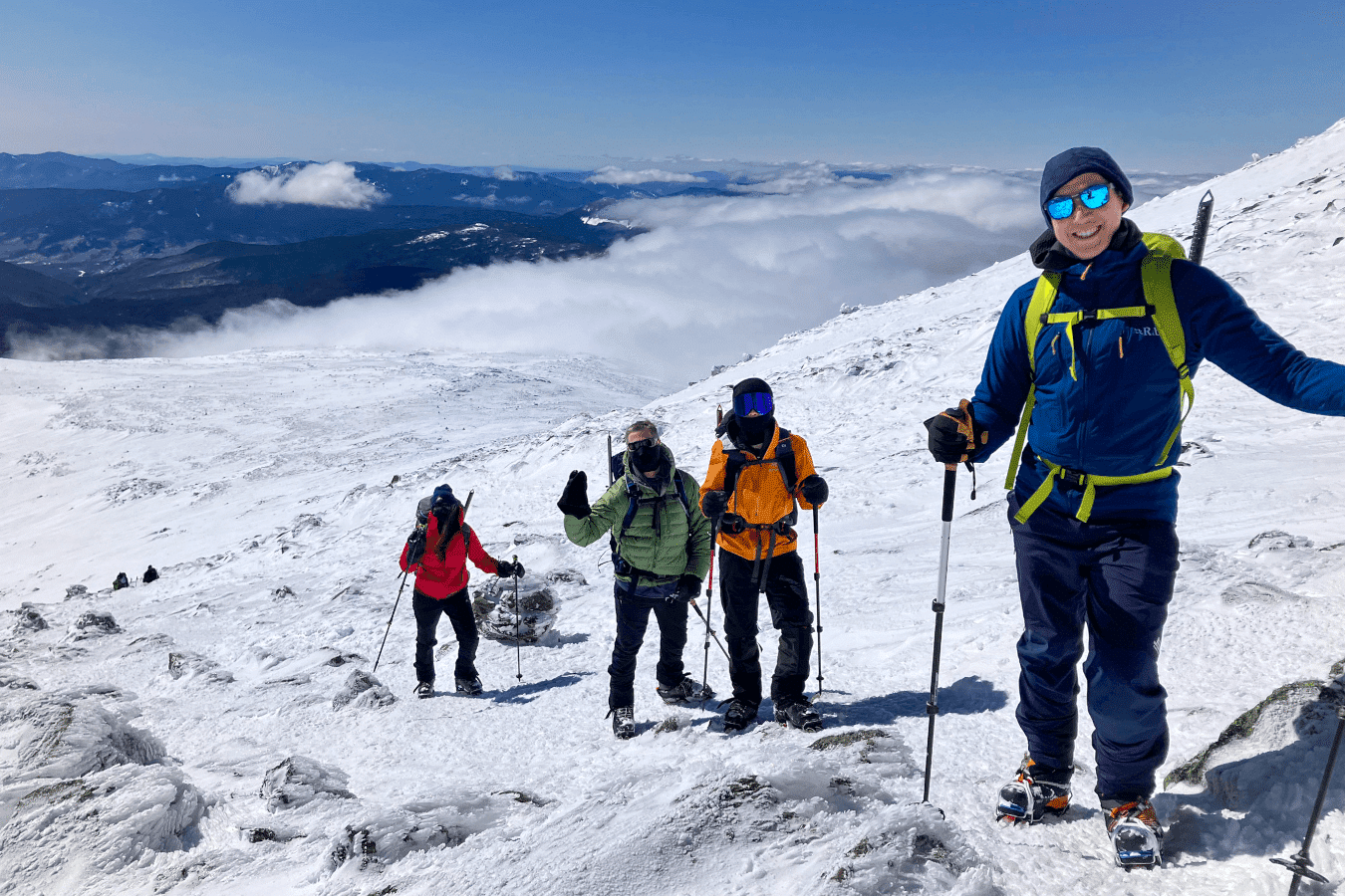 group hike on mount washington in winter