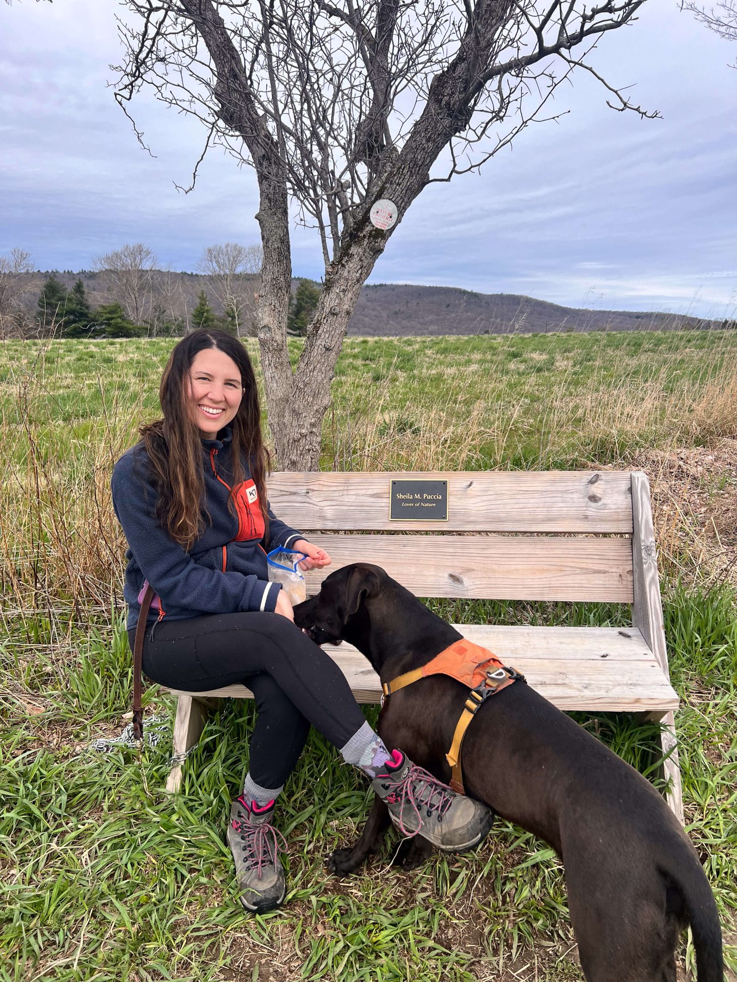 woman smiling on bench at twin oaks land trust in sharon connecticut