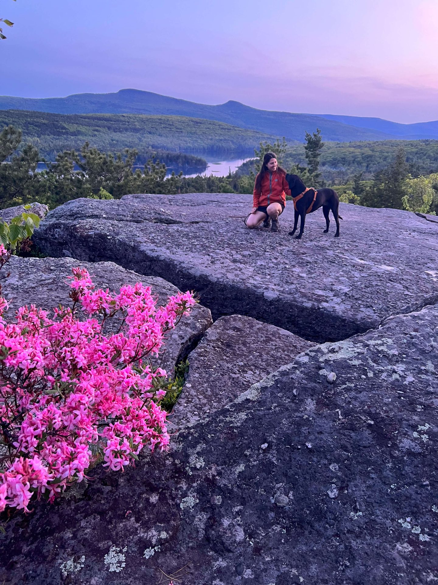 woman and dog on sunset hike near tannersville new york