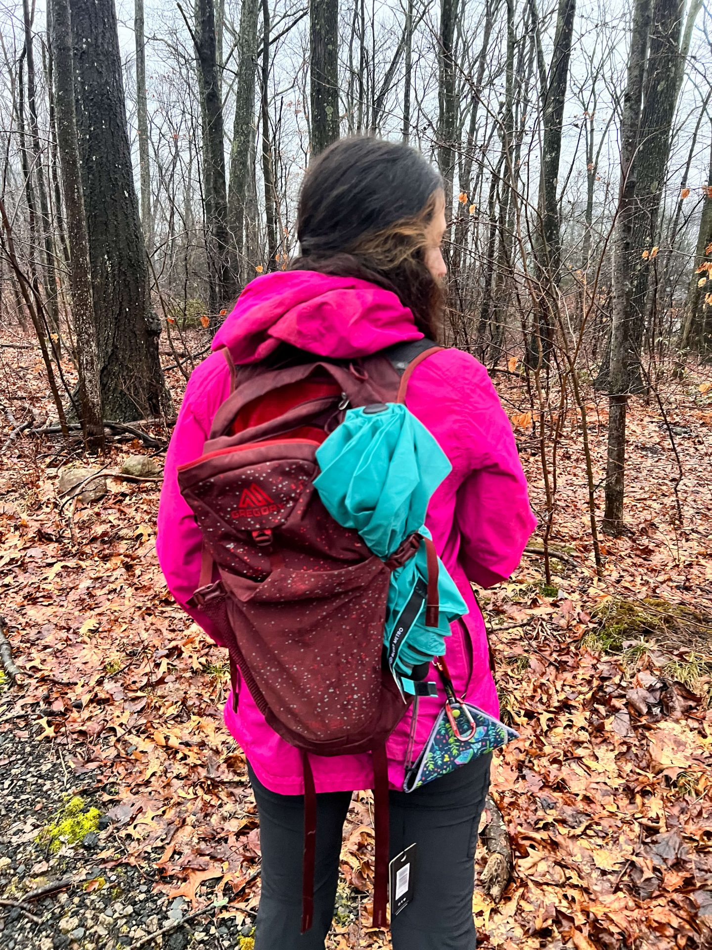 woman in rain jacket hiking with umbrella tucked in backpack pocket