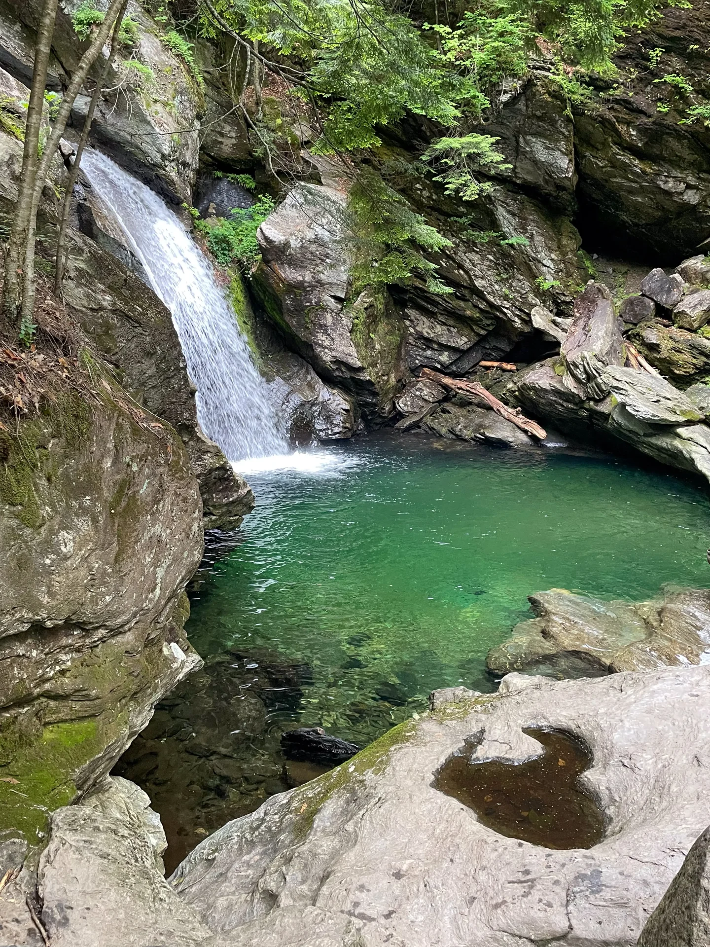 bingham falls in stowe vermont with green pool of water