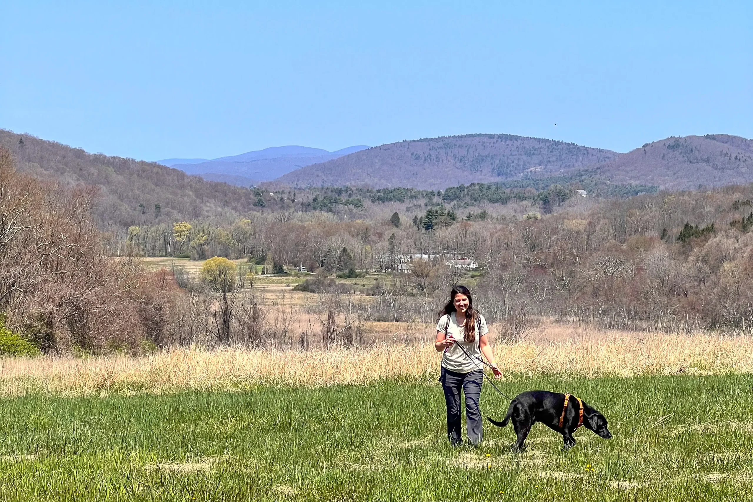 woman and black dog at benton hill preserve in sharon ct