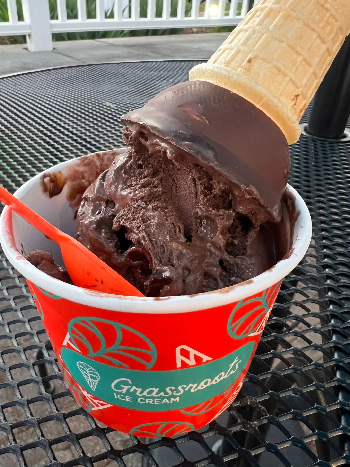 dark chocolate ice cream in red cup