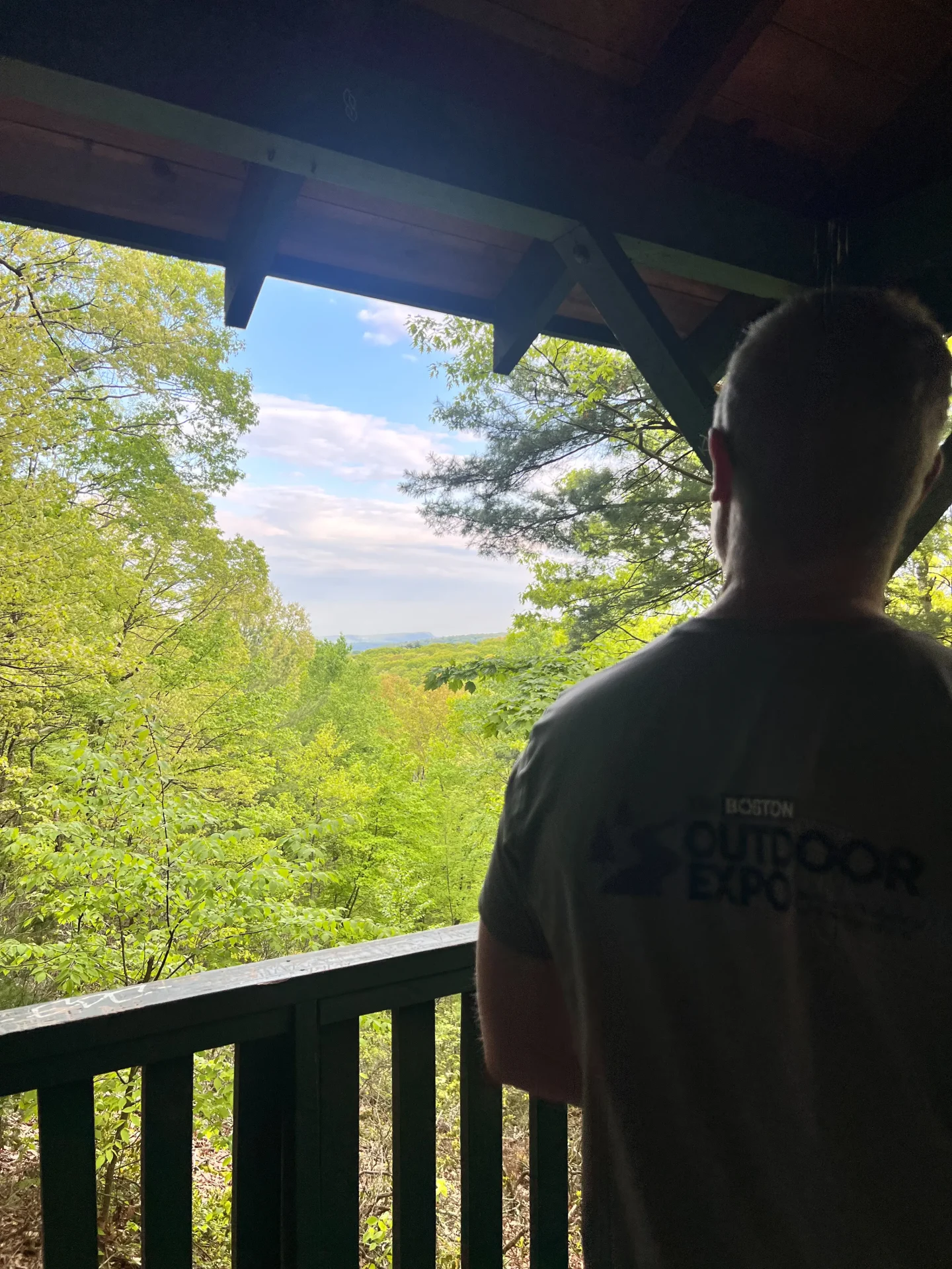 man looking out at gazebo in sessions woods in burlington ct