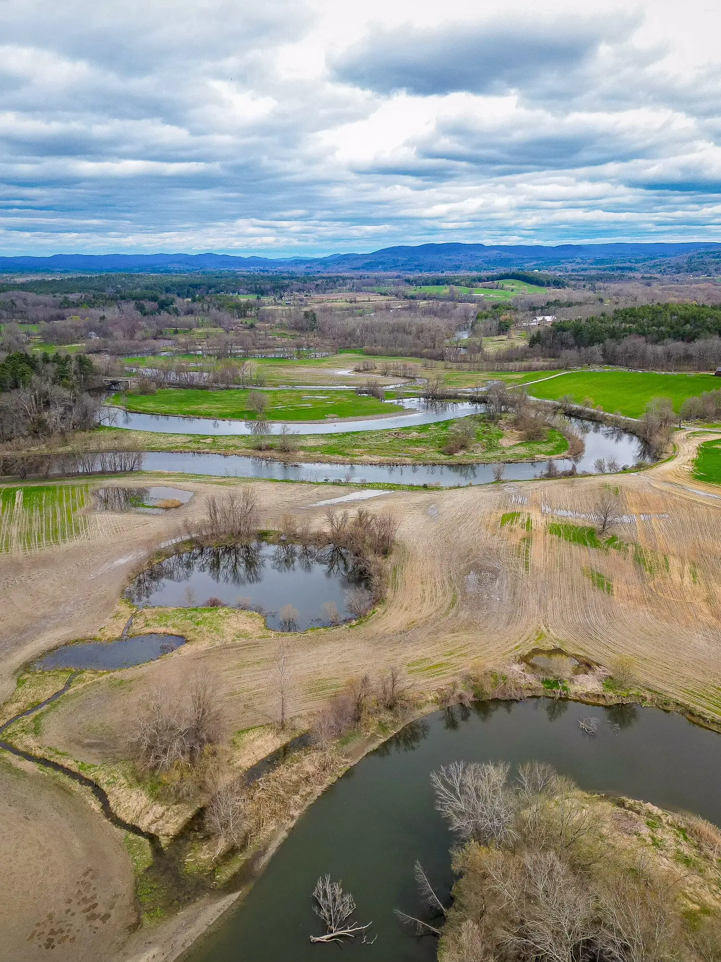 drone view of housatonic river at bartholomews cobble in massachusetts