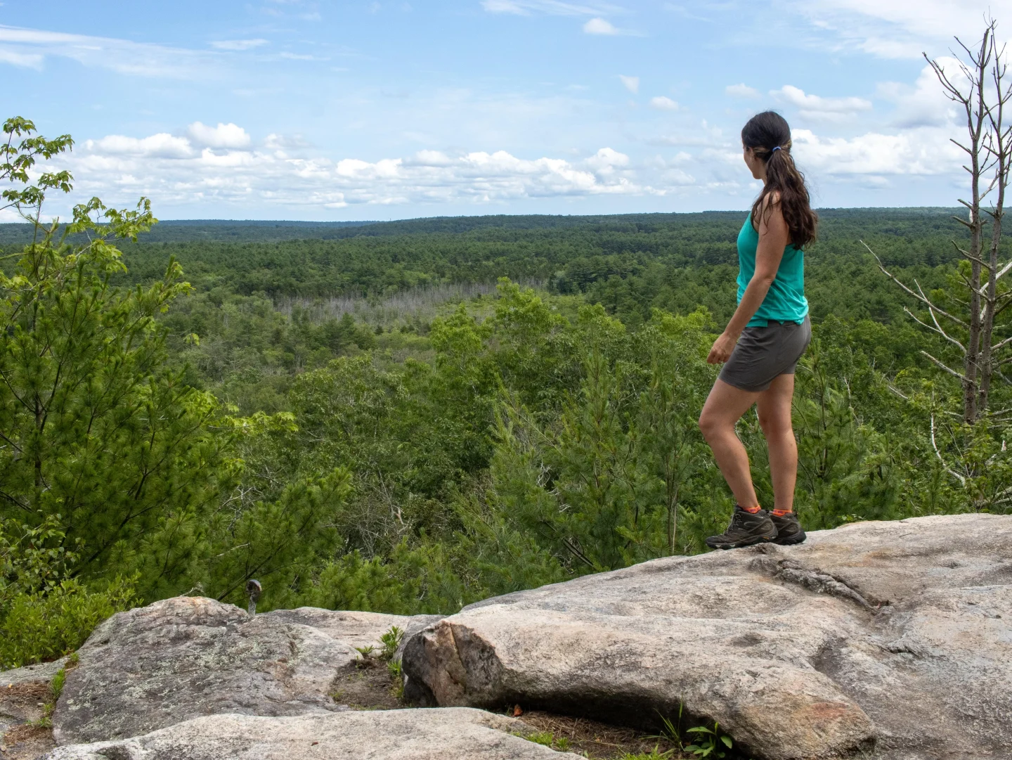 woman standing at top of misery mountain in pachaug forest in connecticut wearing a tank top and shorts on a summer day