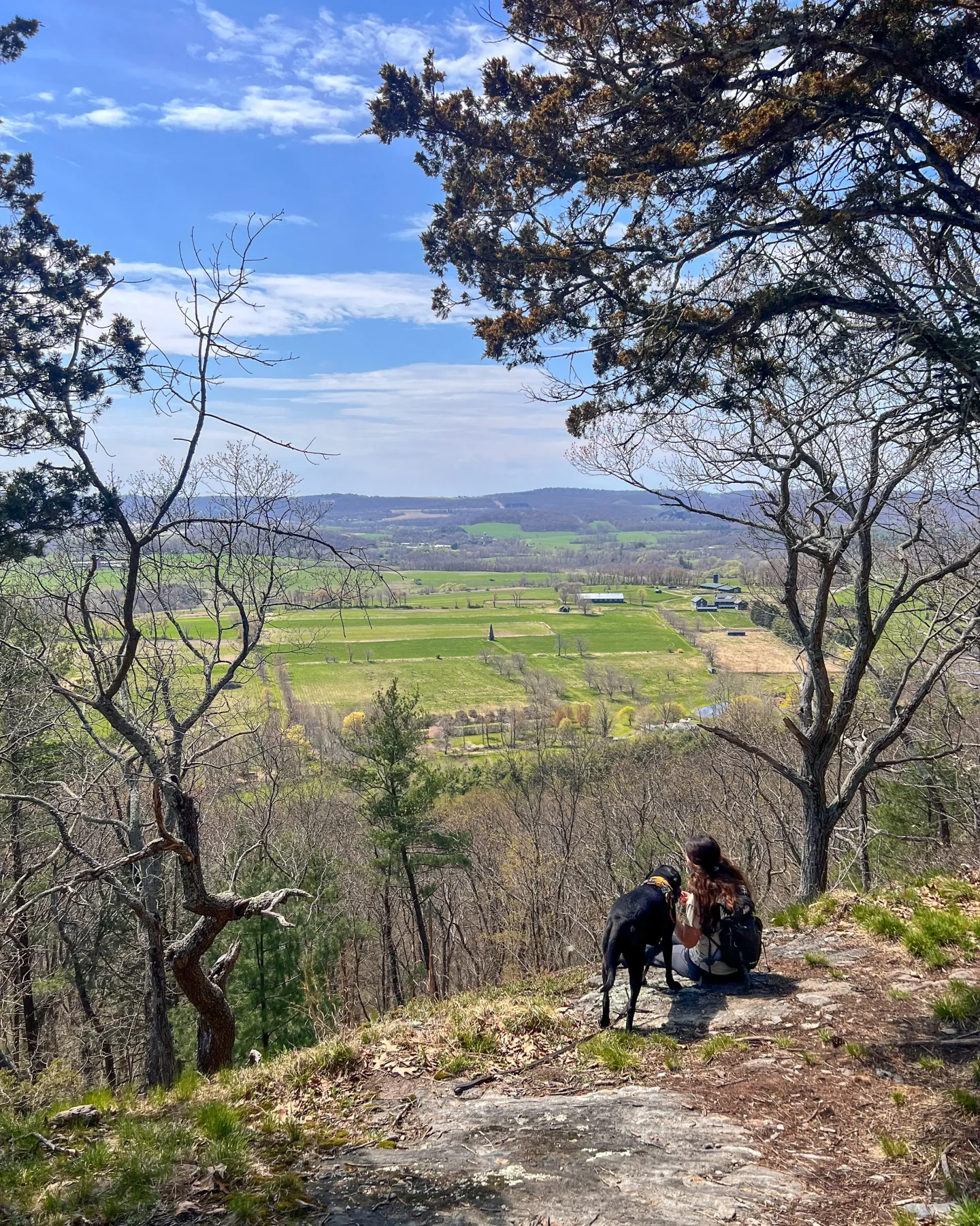 woman and black dog sitting on ledge looking out at view of green rolling hills at land trust in connecticut