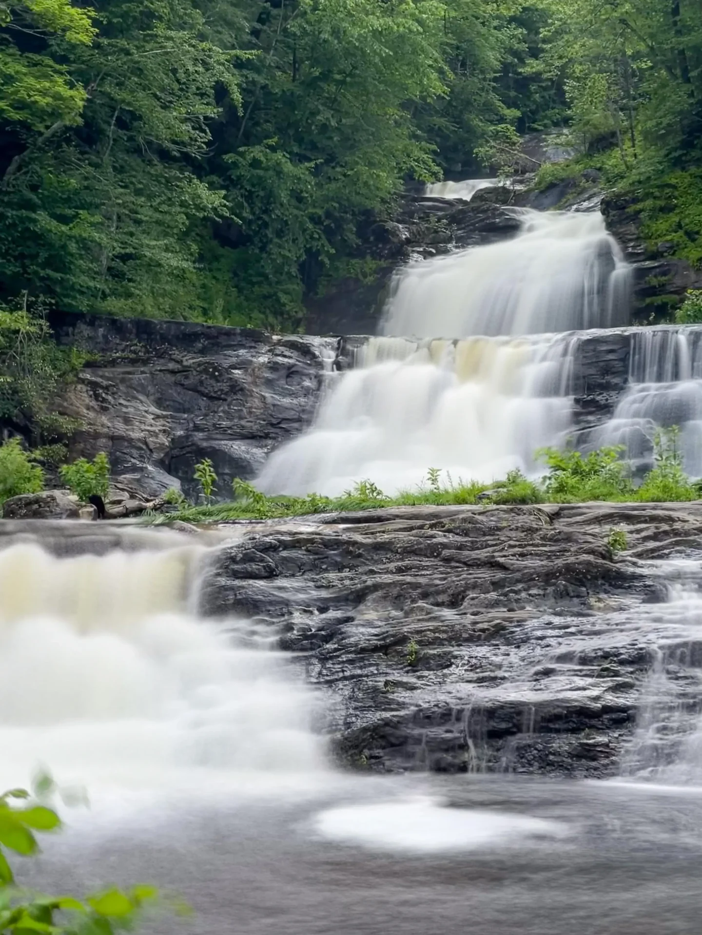 long exposure shot with smooth water at kent falls in summer with green trees all around the waterfall