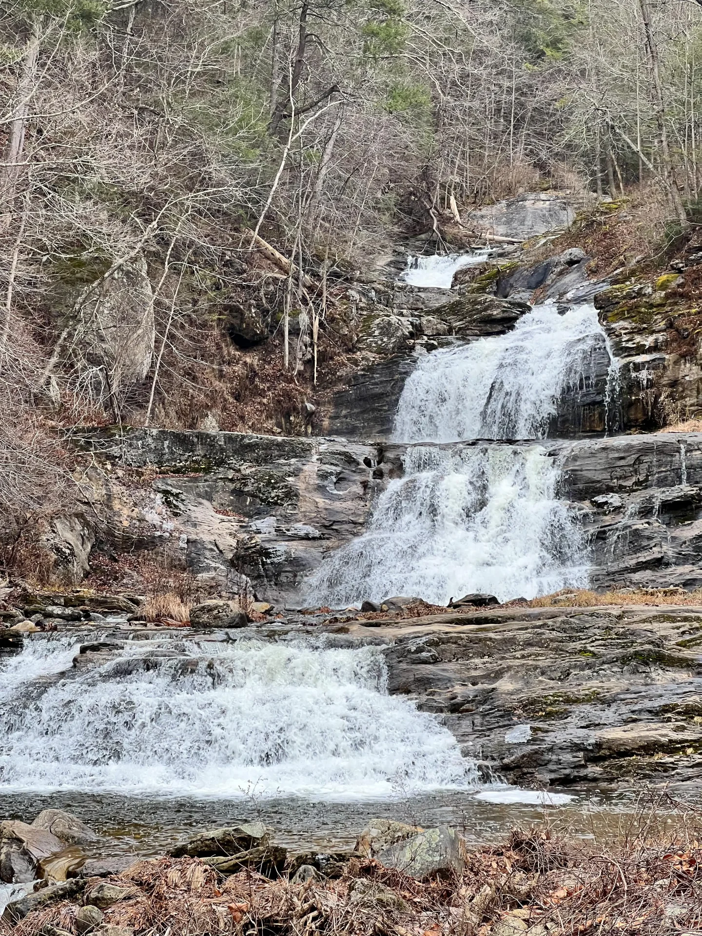 a series of cascades at kent falls state park in early winter with bare trees and snow falling