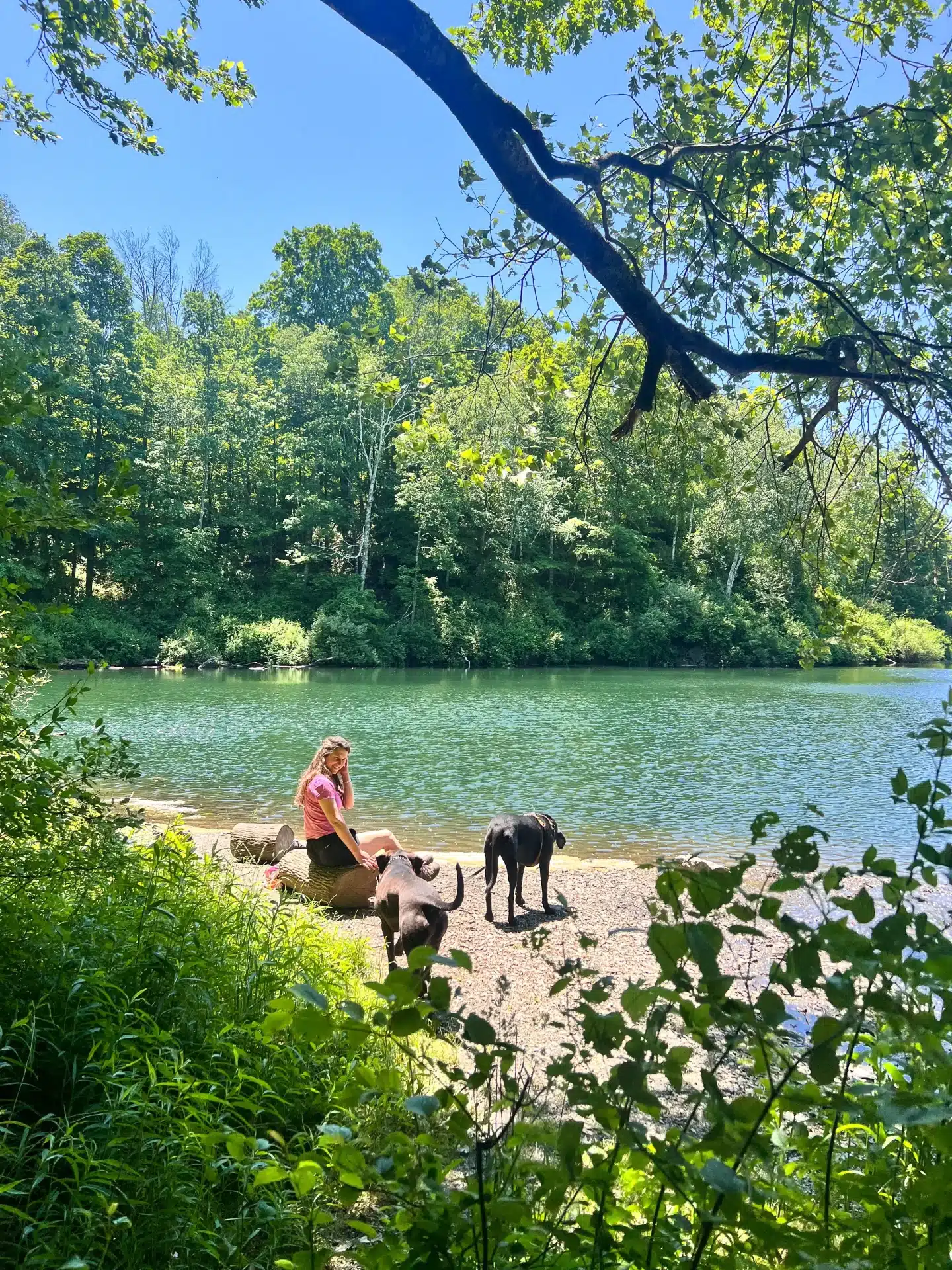 woman in pink shirt sitting on a rock at iron mine pond in millerton new york with turquoise water and green trees all around pond in summer