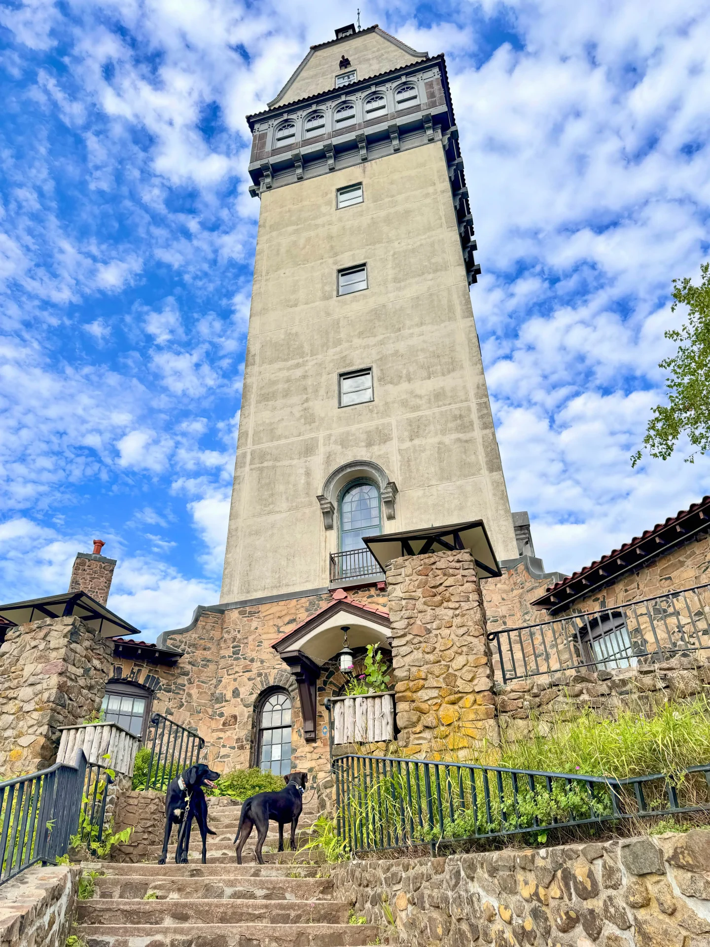 tall heublein tower on a summer day with blue skies and clouds in background and two black dogs in front of tower