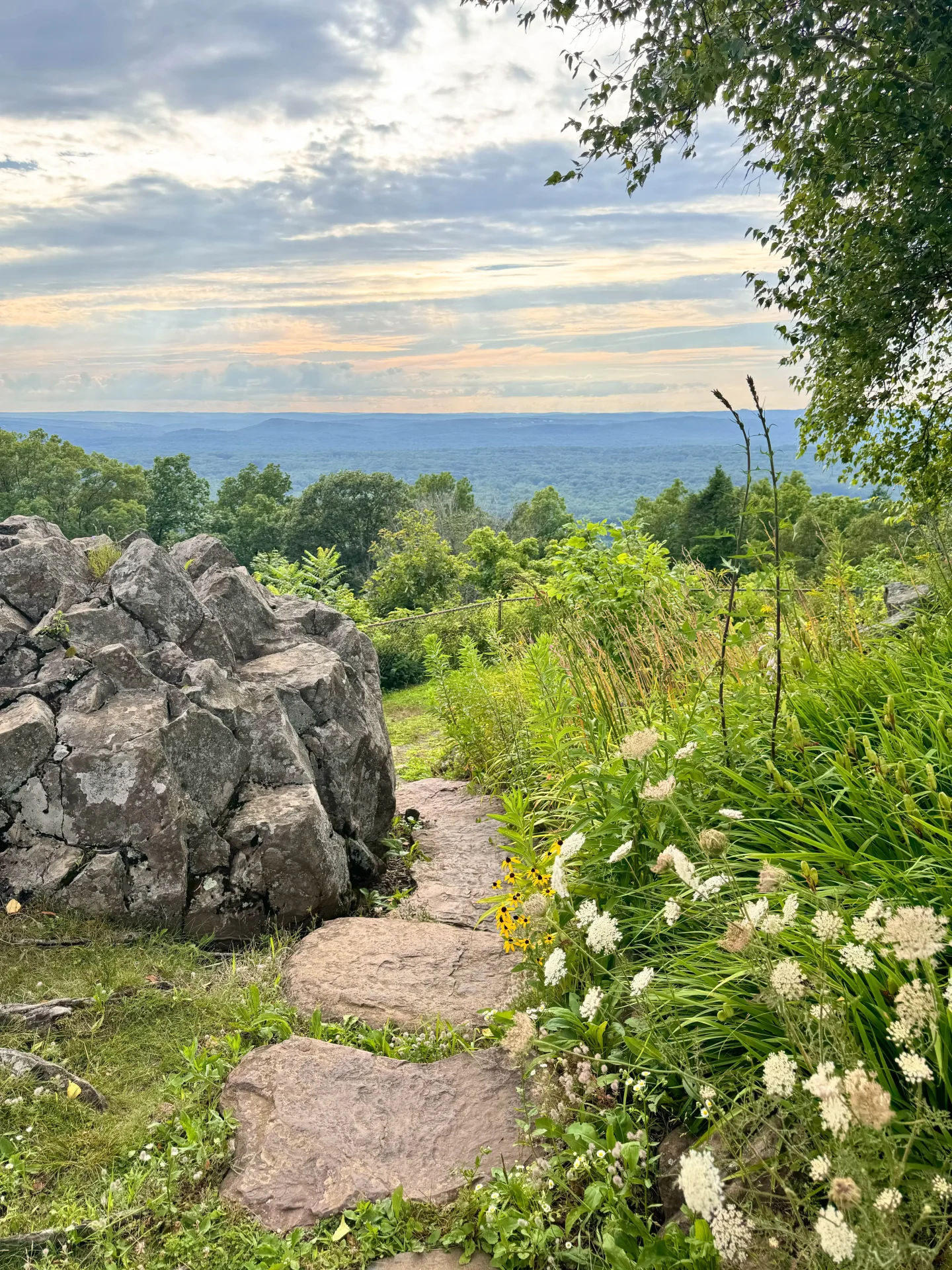 a stone path leading up to heublein tower in the summer with green landscape in distance and queen annes lace flowers lining the path