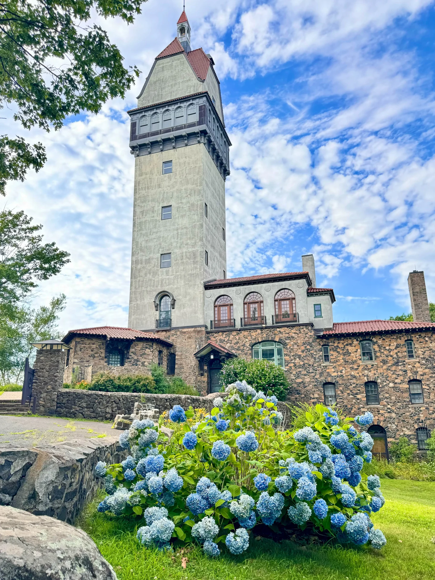 heublein tower in summer with patch of blue hydrangeas in front of the stone tower and blue skies in background