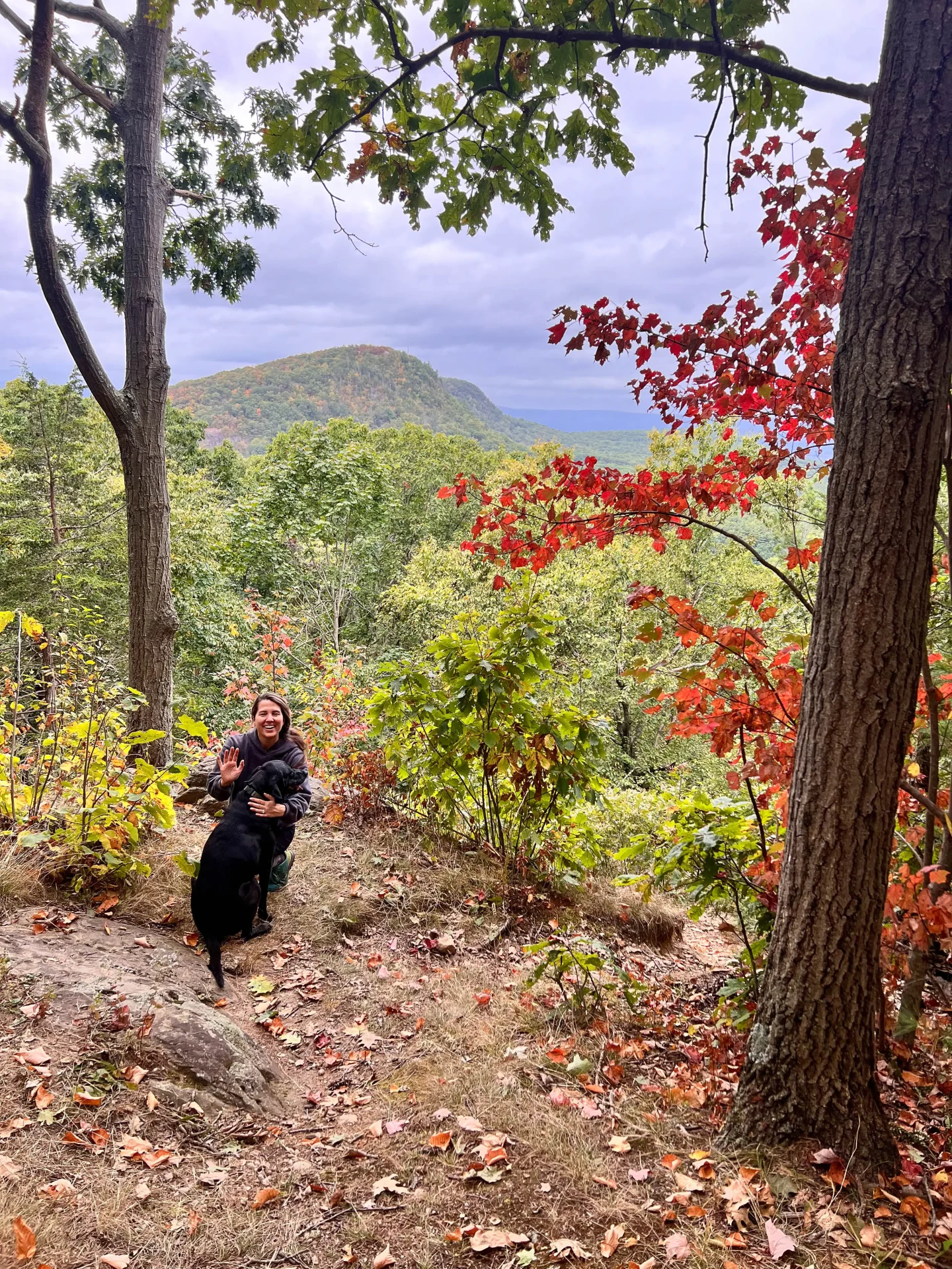 woman smiling at camera with black dog sitting in front of a mountain view on mount norwottuck with red leaves framing the view and green mountains in the distance