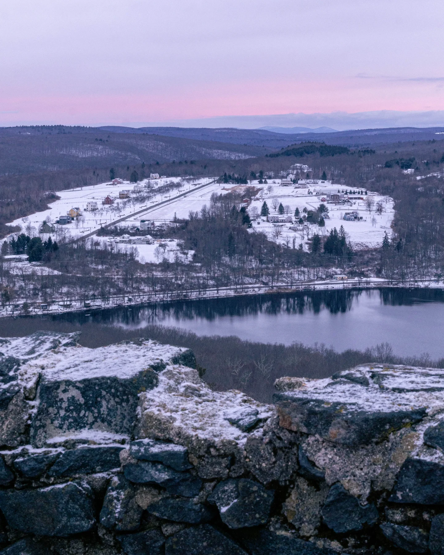 view from mount tom tower in winter in litchfield