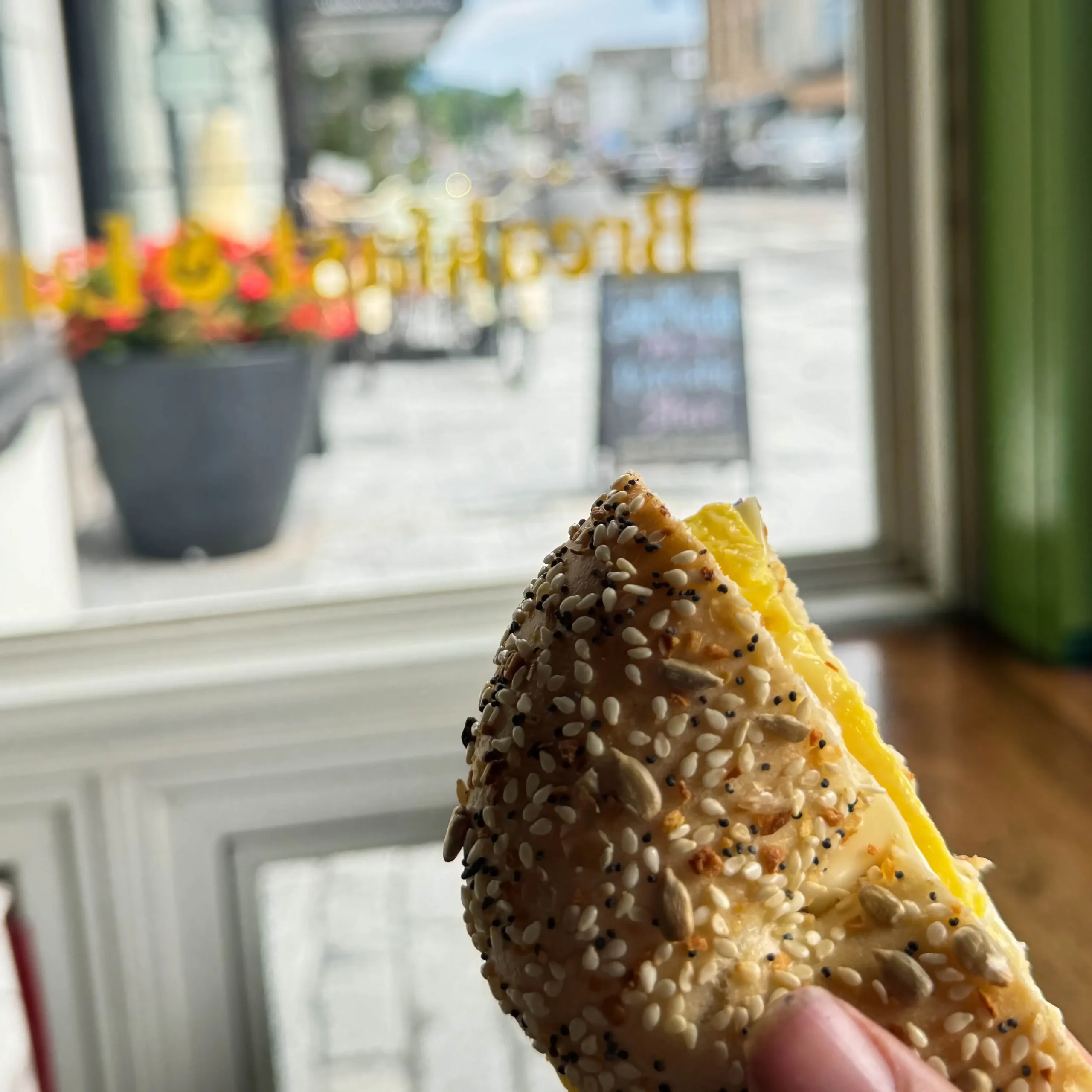 sesame bagel egg sandwich at soulshine bagel shop in lake placid new york