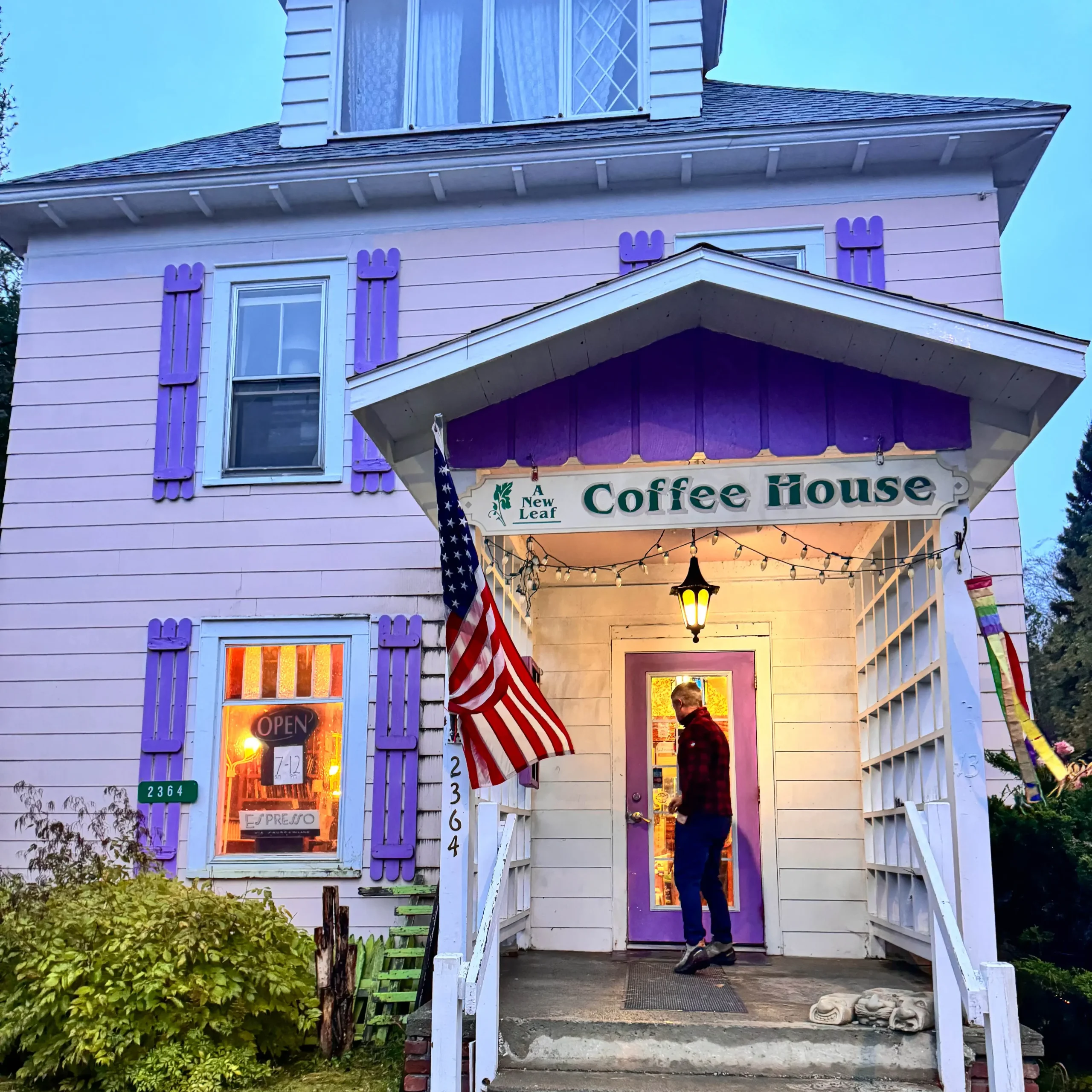 outside of a new leaf coffee shop in downtown lake placid