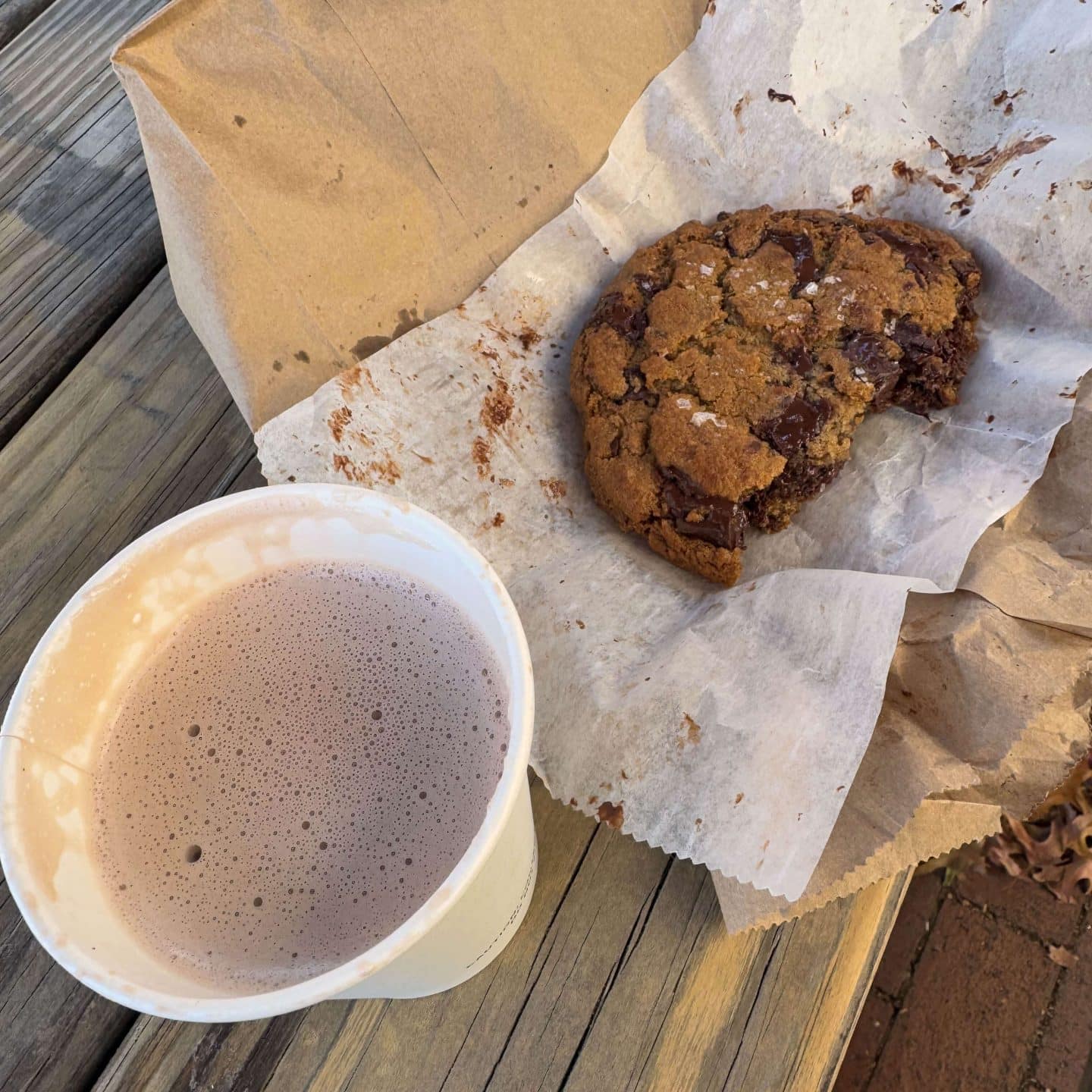 chocolate chip cookie with a hot chocolate at heirloom market in wethersfield ct