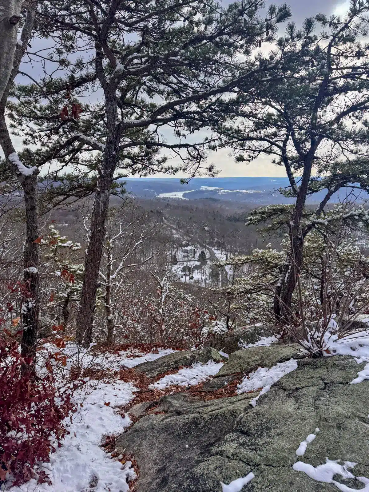 lookout from top of hike in connecticut in winter with bare trees in distance and snow on lookout and river in distance.