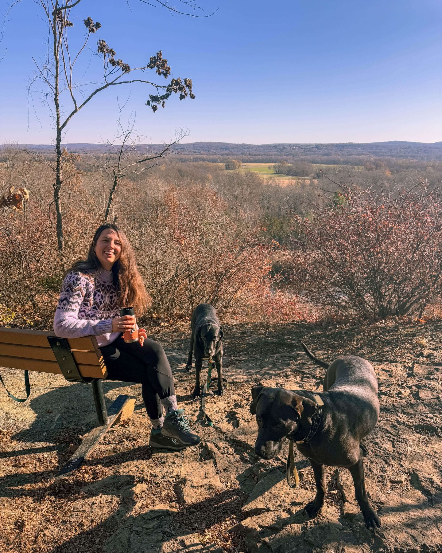 woman smiling on hike with dogs in rocky hill connecticut