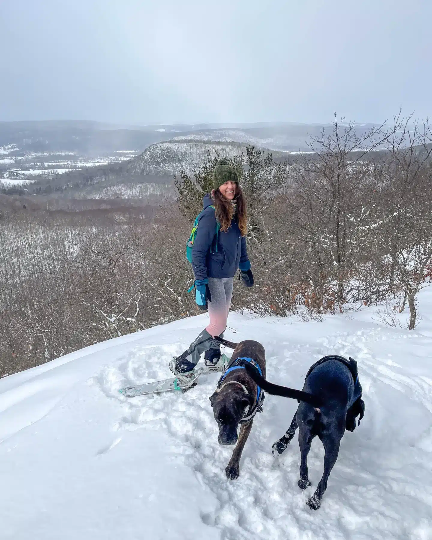 woman in winter hiking gear with two black dogs on snowy winter hike in kent connecticut