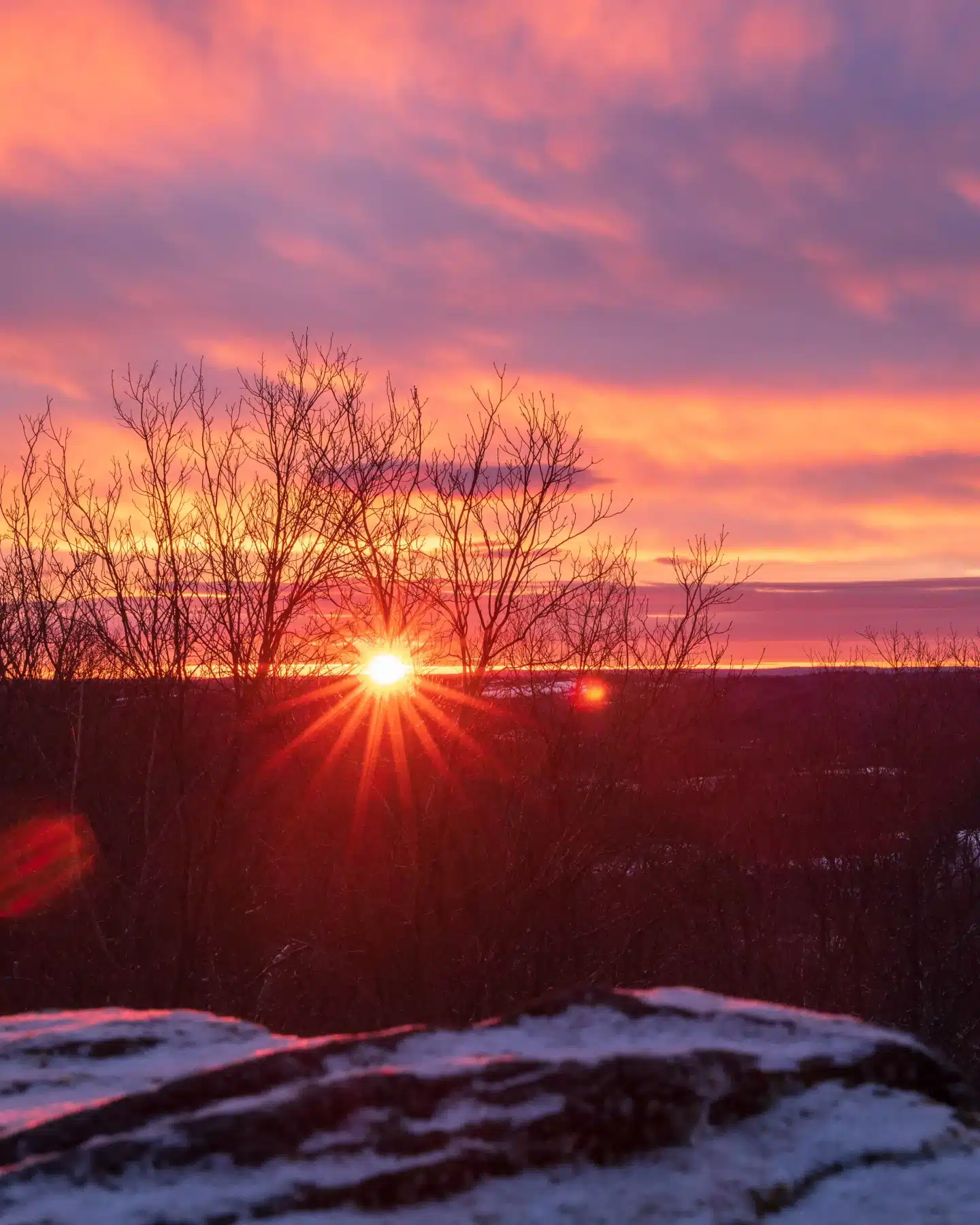 winter sunrise from top of mount tom tower in litchfield connecticut