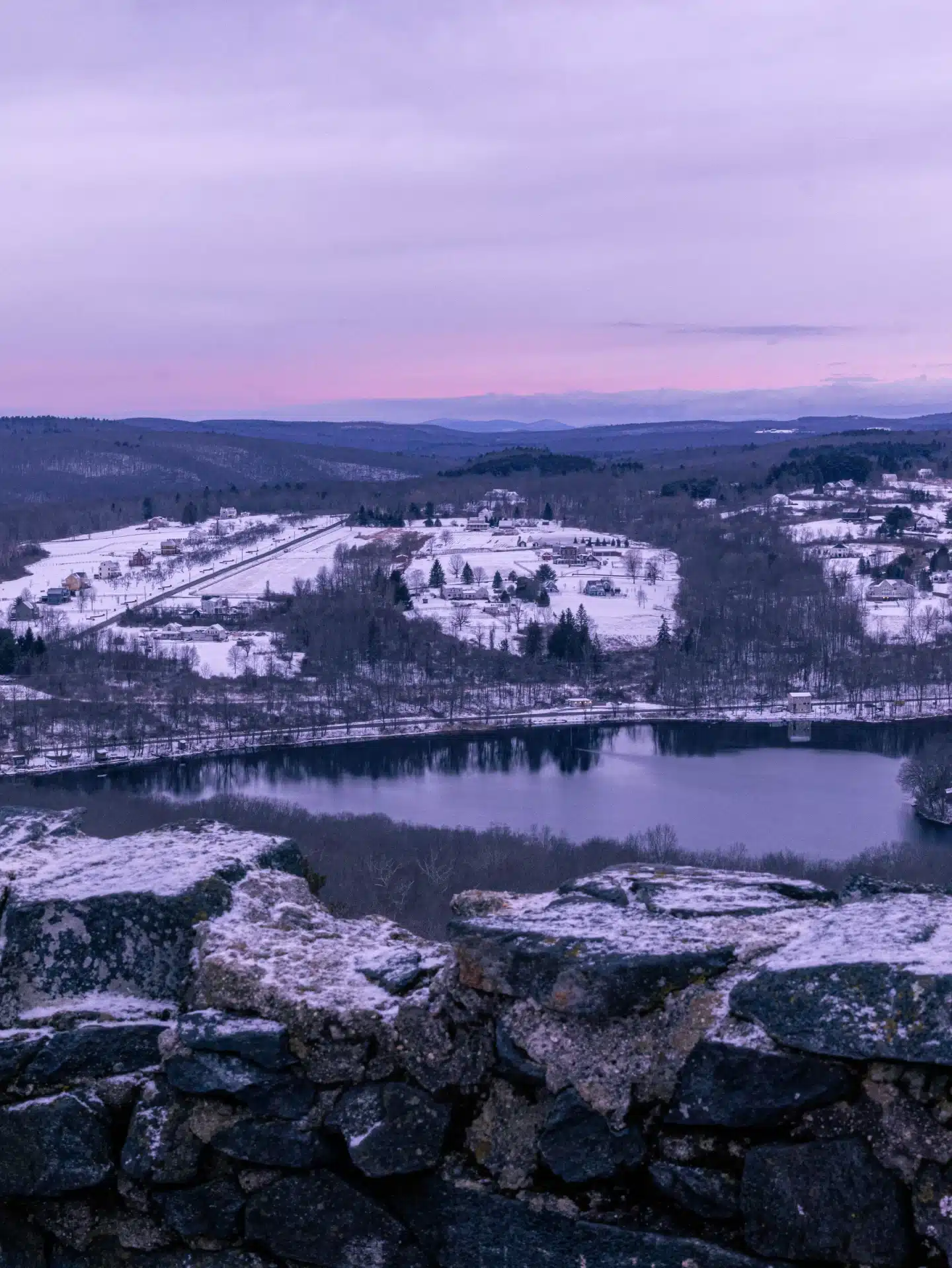 winter view from mount tom tower in litchfield ct