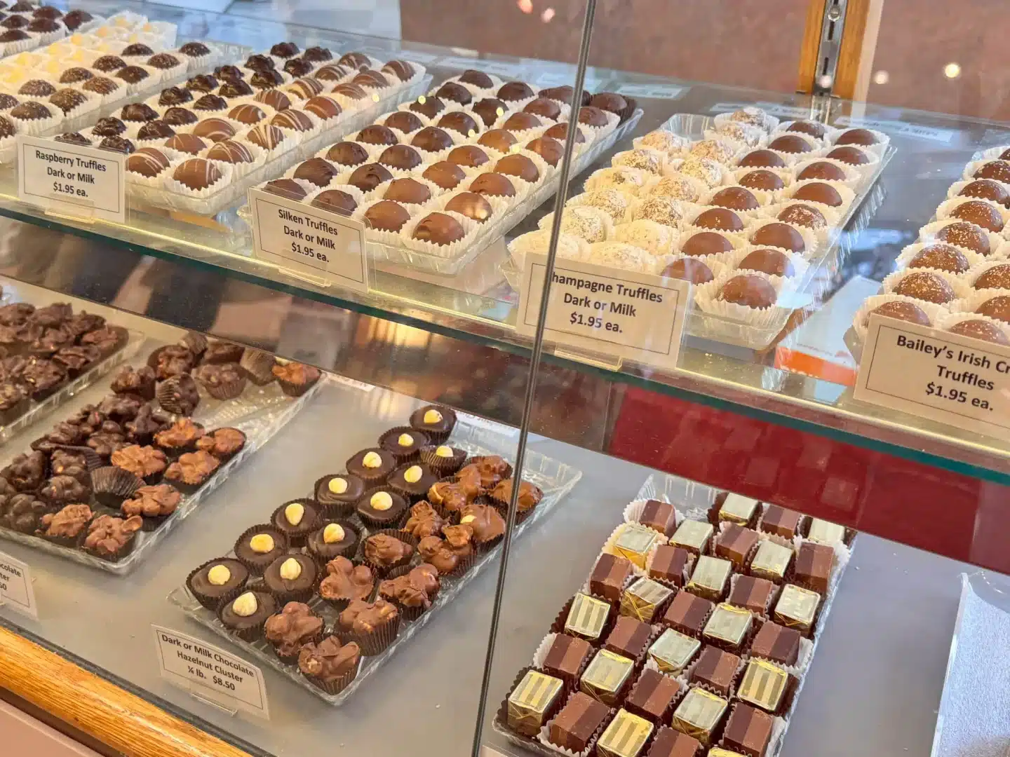 fudge and chocolate truffles inside mother myricks chocolate shop in manchester vermont