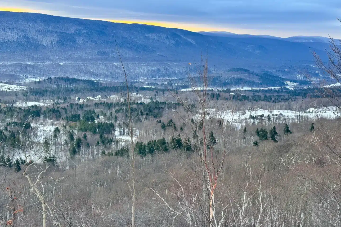 deer knoll hike in winter with snowy mountains in manchester vermont