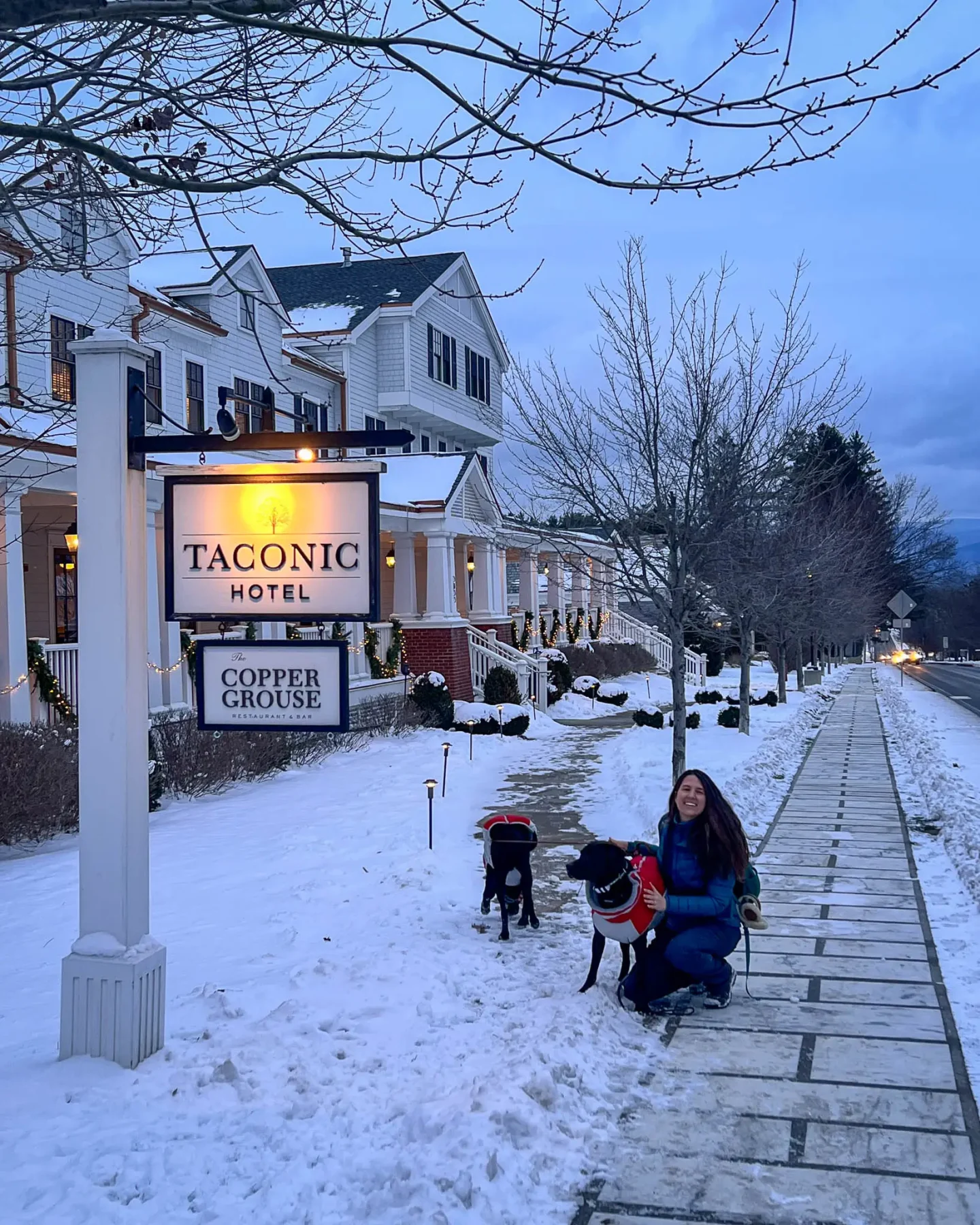 woman in blue winter jacket walking two dogs at kimpton taconic hotel in manchester vermont