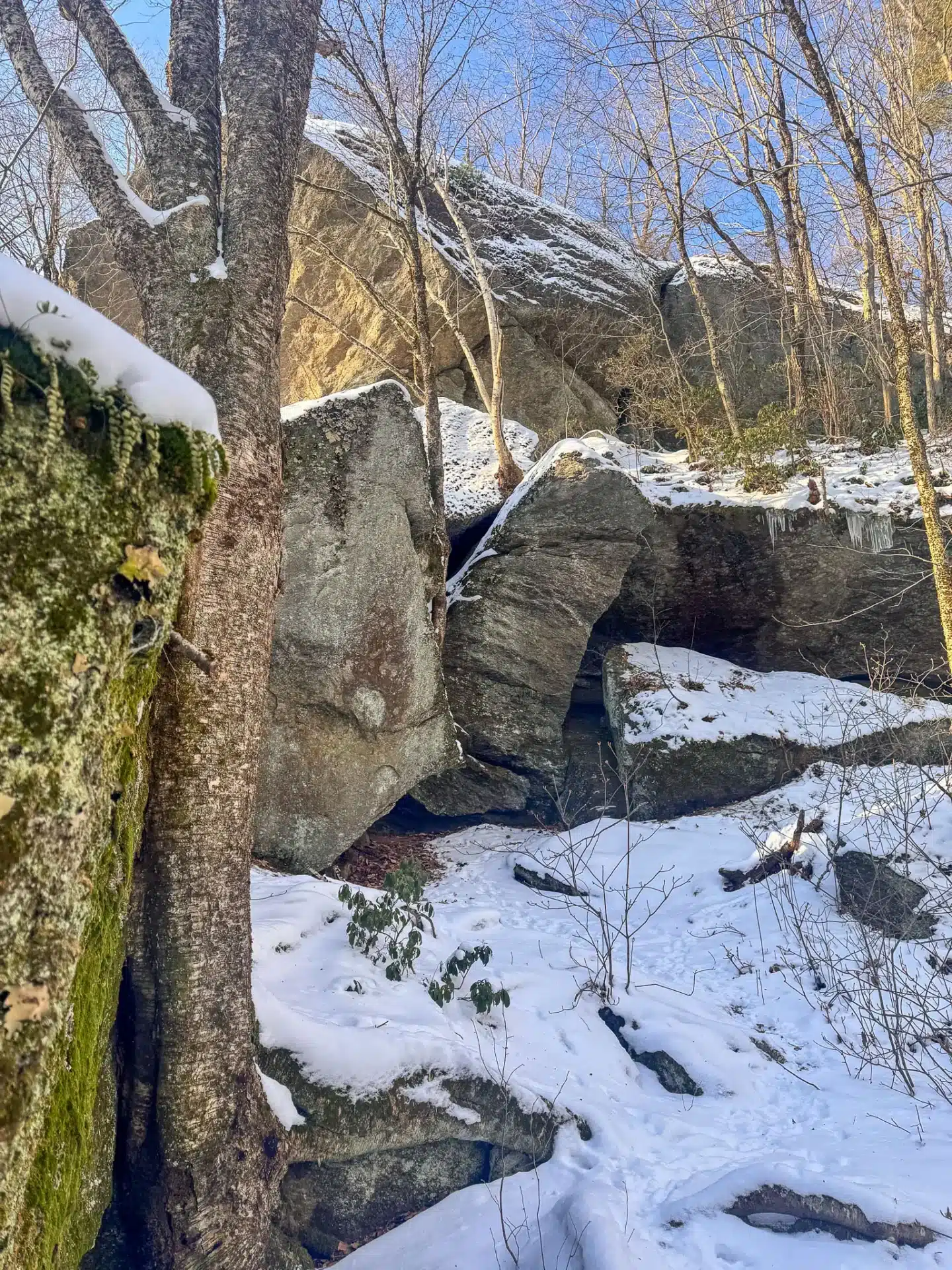 snowy winter hike at indian council caves in ct