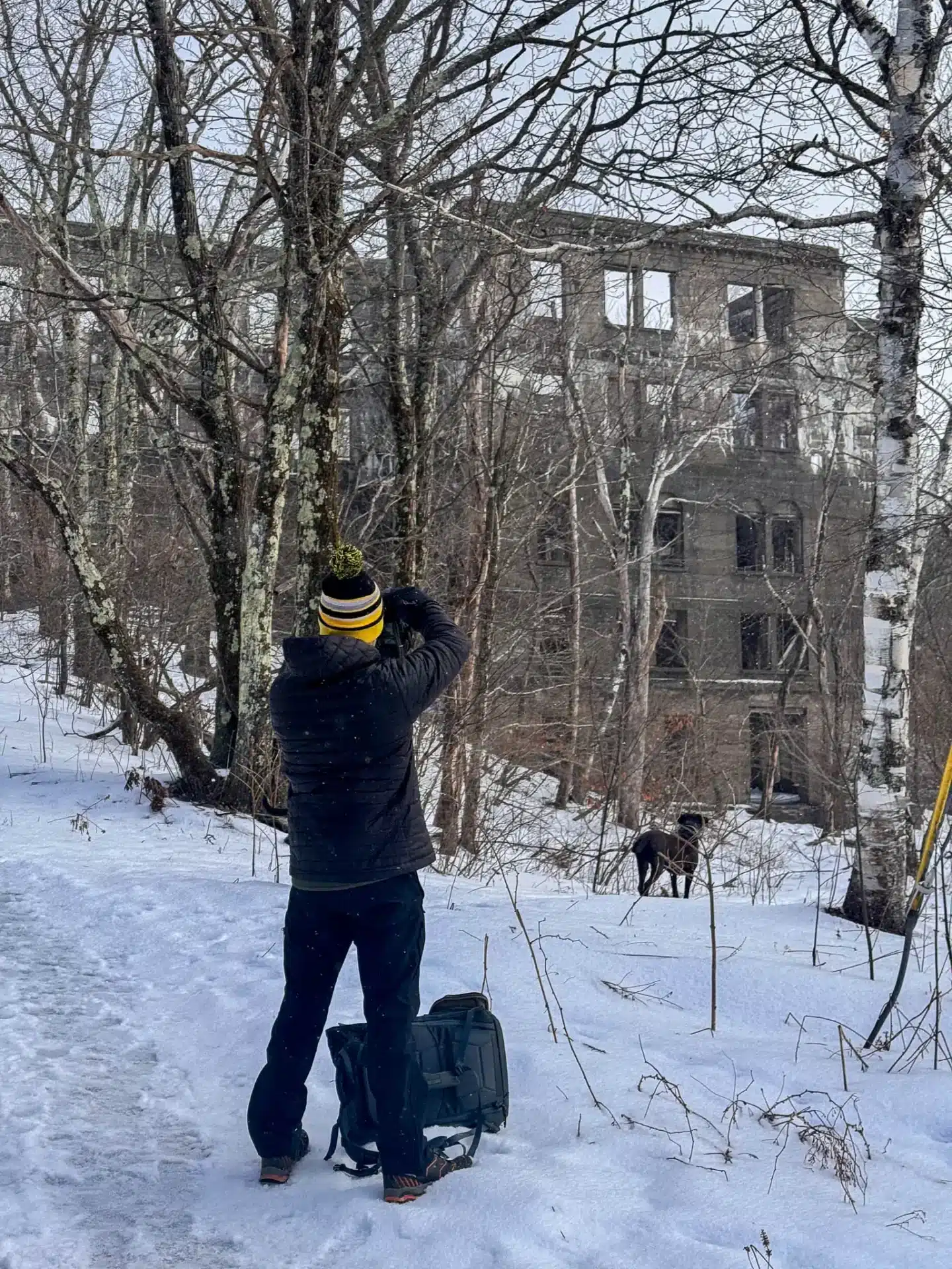 man in black winter jacket and yellow snow hat and two black dogs hiking up to abandoned hotel in woodstock new york with snow on the ground