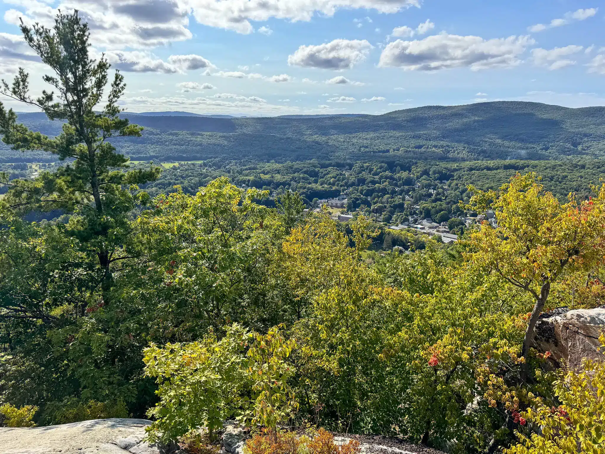 view on top of flag rock in massachusetts with view of green trees and some yellow leaves at end of summer