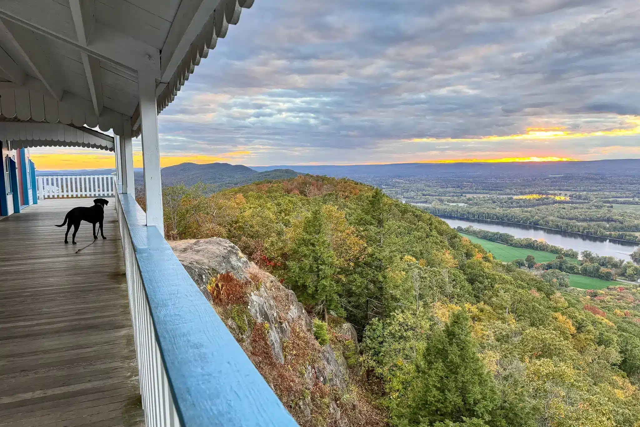 black dog on deck of the mount holyoke summit house at sunset with orange sky