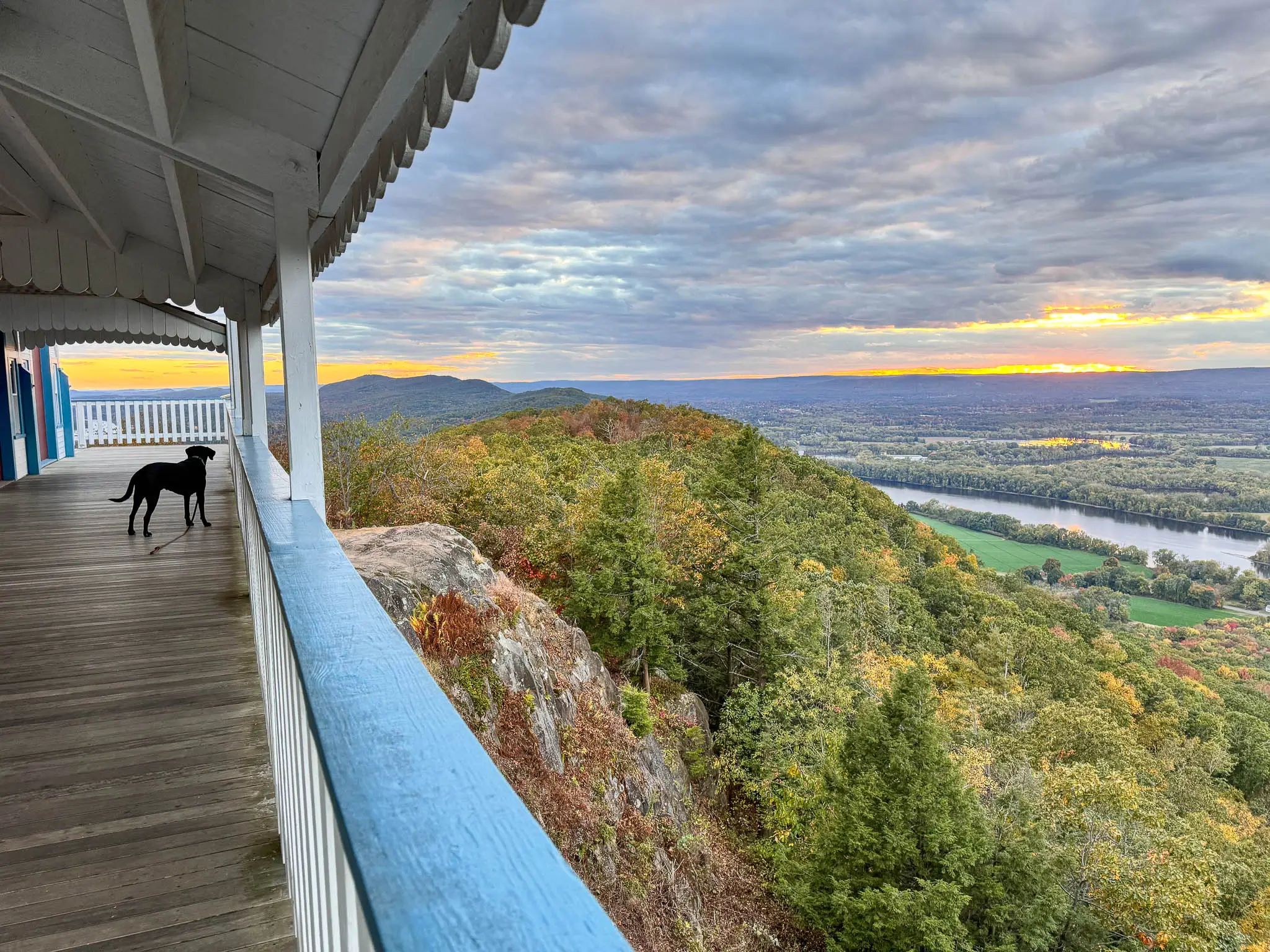 black dog on deck of the mount holyoke summit house at sunset with orange sky