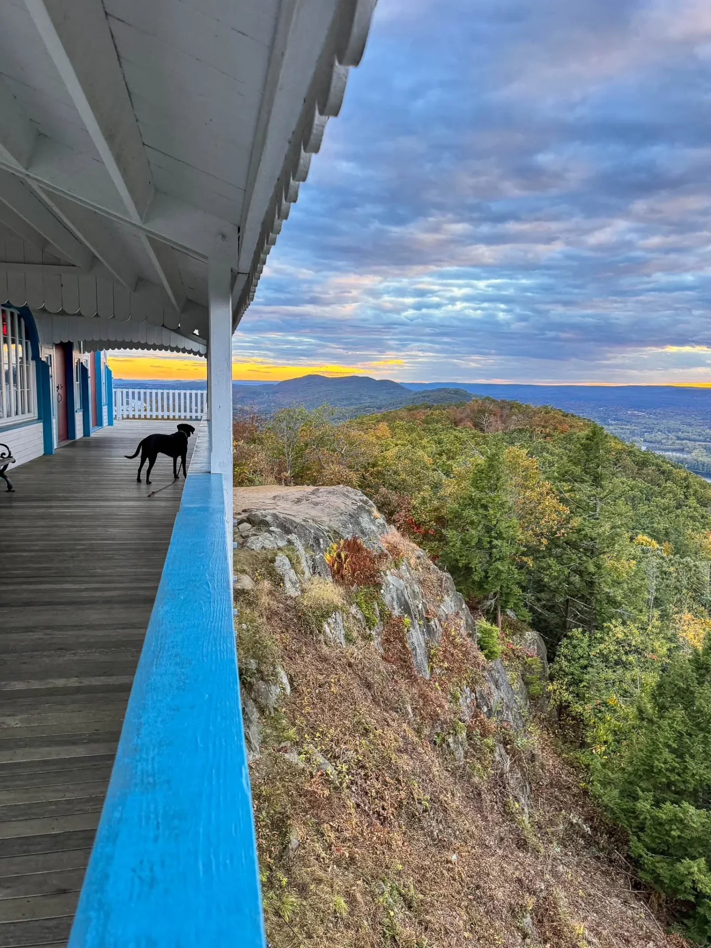 black dog on deck of the mount holyoke summit house at sunset with orange sky