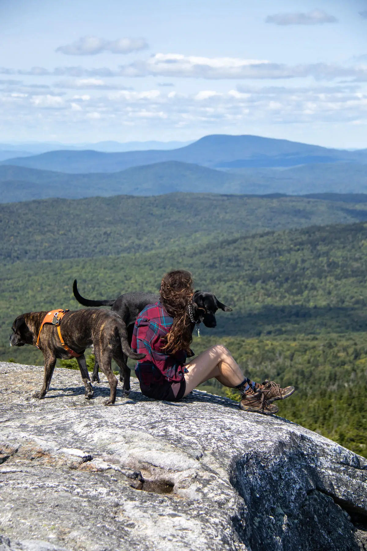 woman in maroon flannel with two dogs on exposed rocky summit in new hampshire with green mountains behind him and blue sky above.